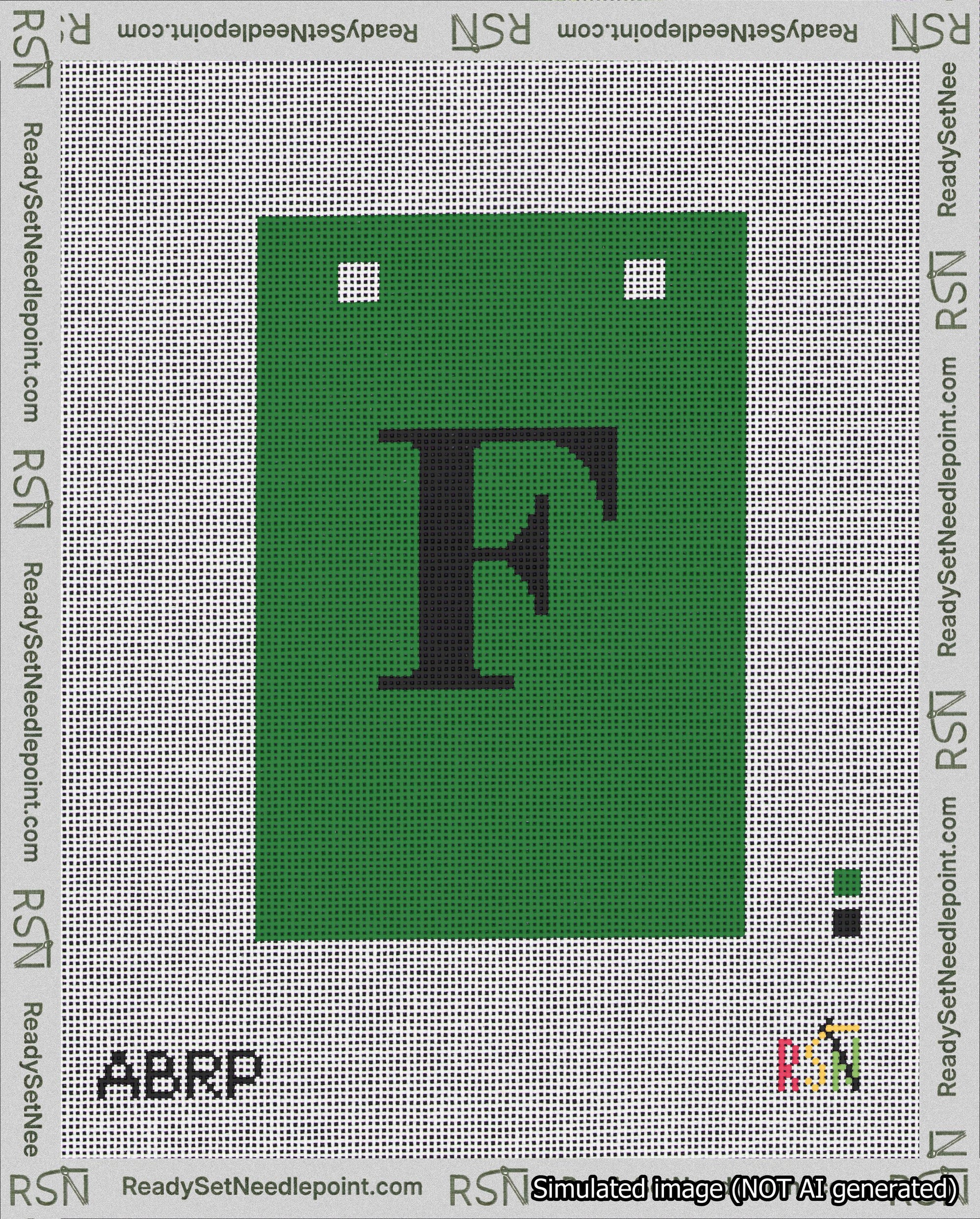 A taped needlepoint canvas with the design: Banner 18 mesh count Squared F Black on Green.