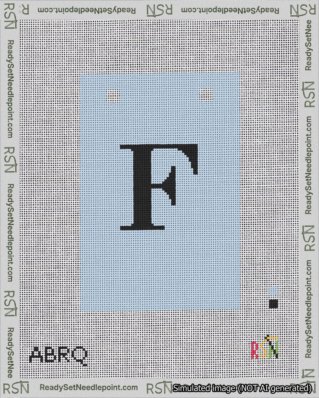 A taped needlepoint canvas with the design: Banner 18 mesh count Squared F Black on Light Blue.