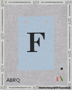 A taped needlepoint canvas with the design: Banner 18 mesh count Squared F Black on Light Blue.