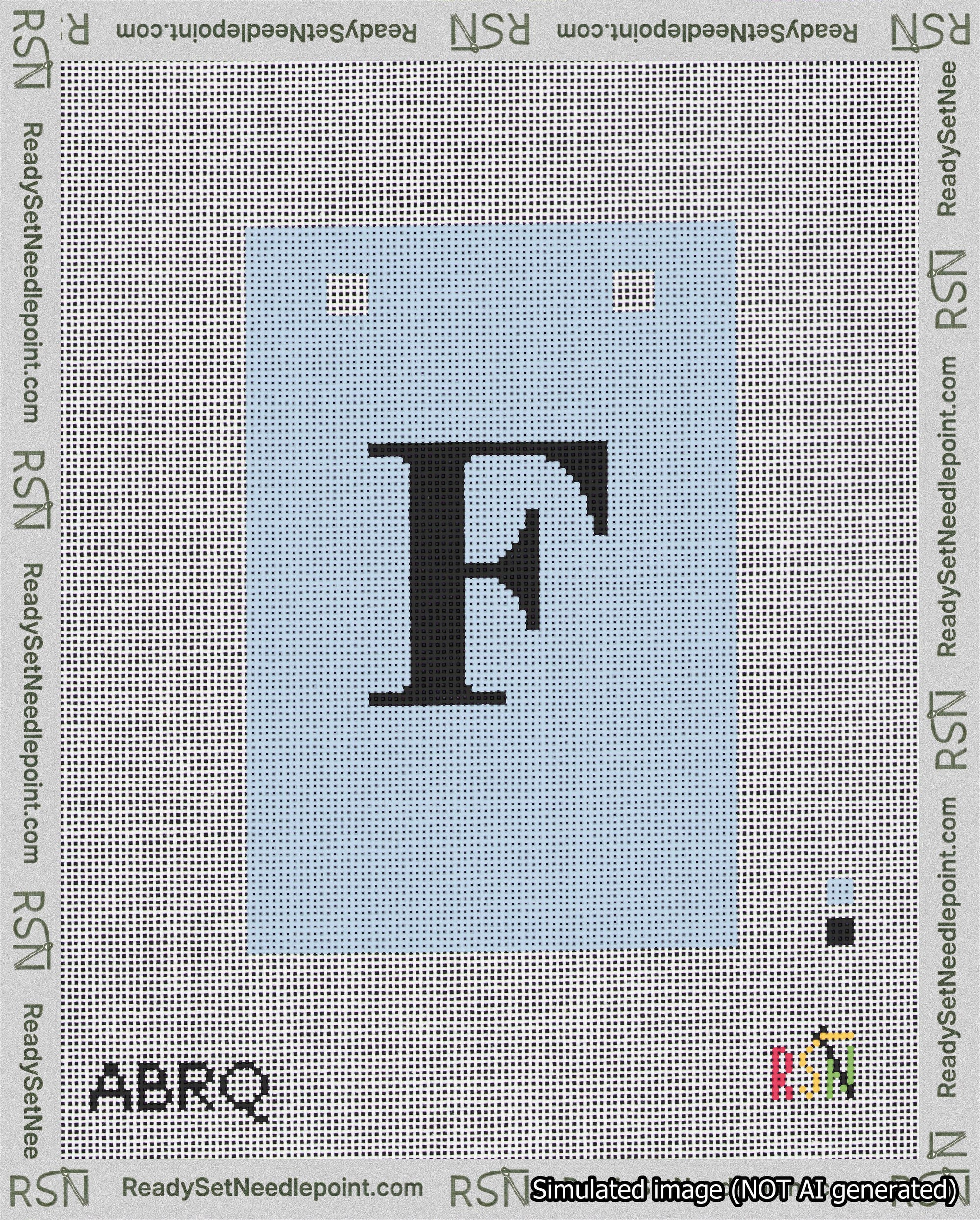 A taped needlepoint canvas with the design: Banner 18 mesh count Squared F Black on Light Blue.