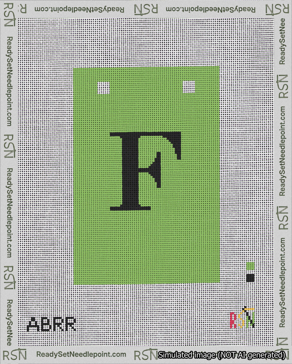 A taped needlepoint canvas with the design: Banner 18 mesh count Squared F Black on Light Green.