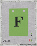 A taped needlepoint canvas with the design: Banner 18 mesh count Squared F Black on Light Green.