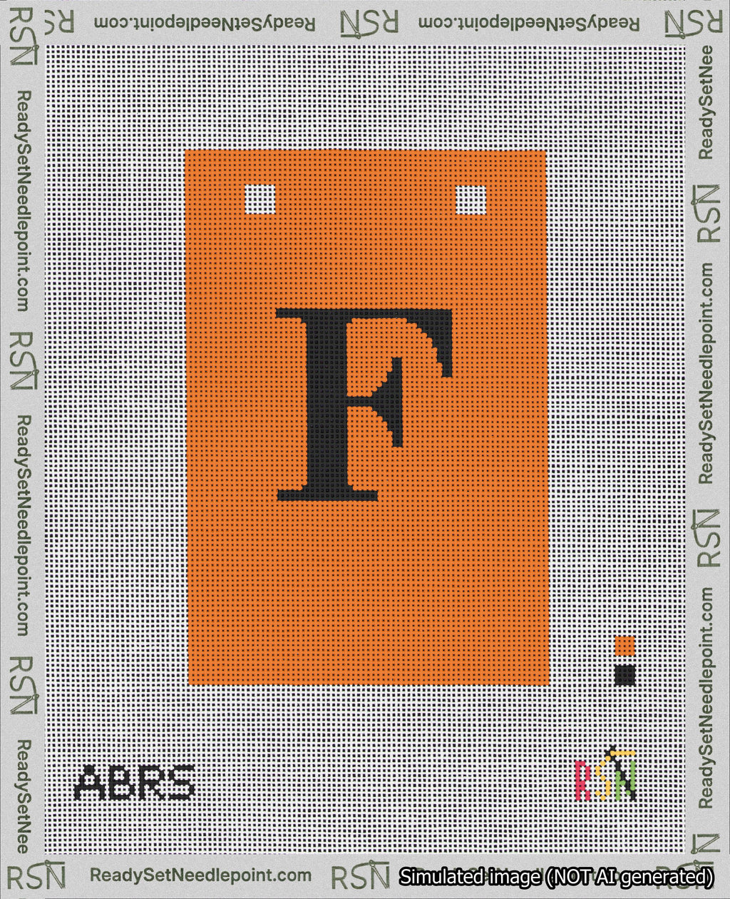 A taped needlepoint canvas with the design: Banner 18 mesh count Squared F Black on Orange.