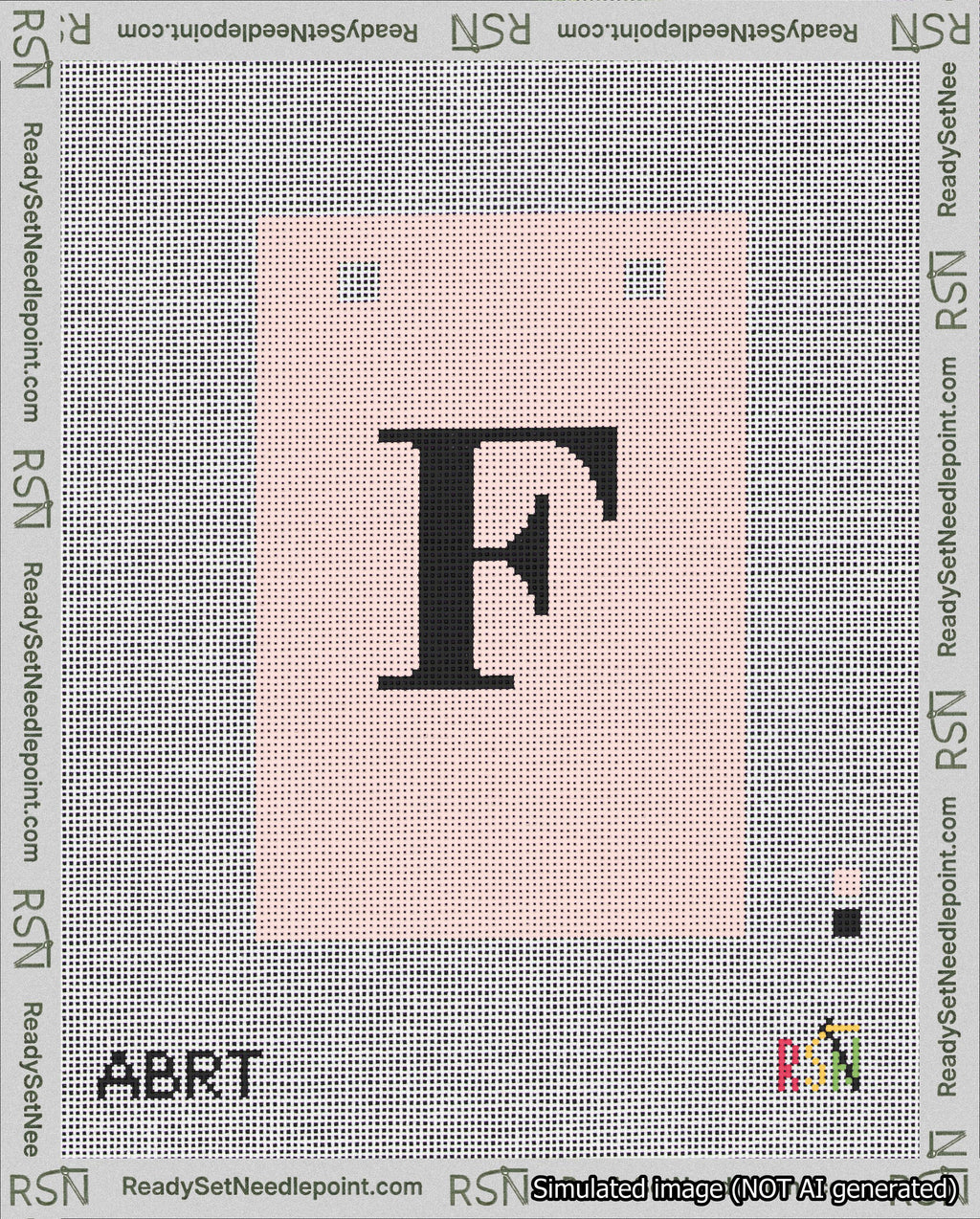 A taped needlepoint canvas with the design: Banner 18 mesh count Squared F Black on Pink.
