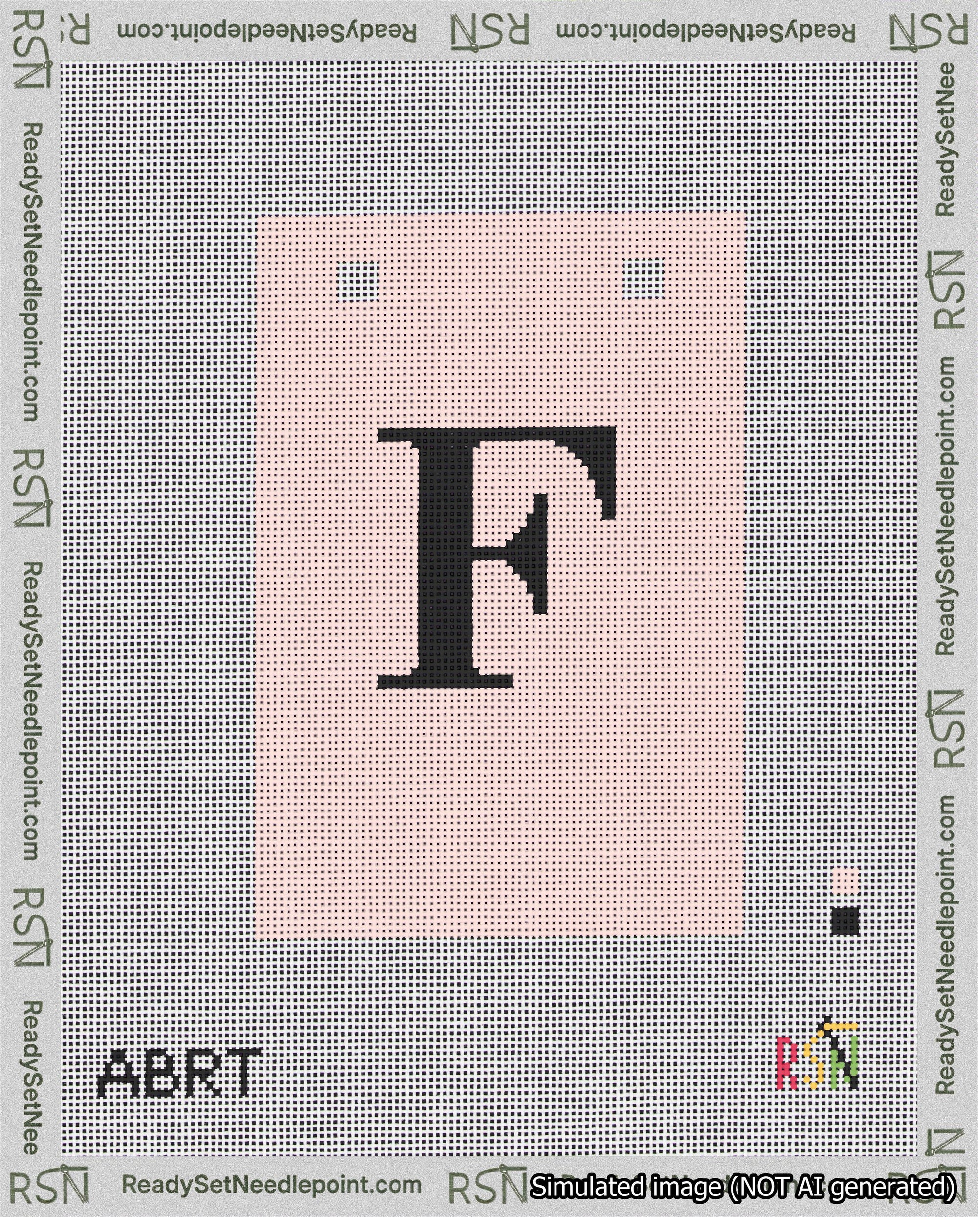 A taped needlepoint canvas with the design: Banner 18 mesh count Squared F Black on Pink.