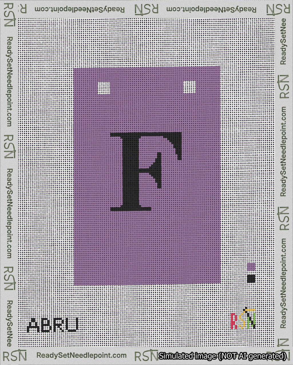 A taped needlepoint canvas with the design: Banner 18 mesh count Squared F Black on Purple.