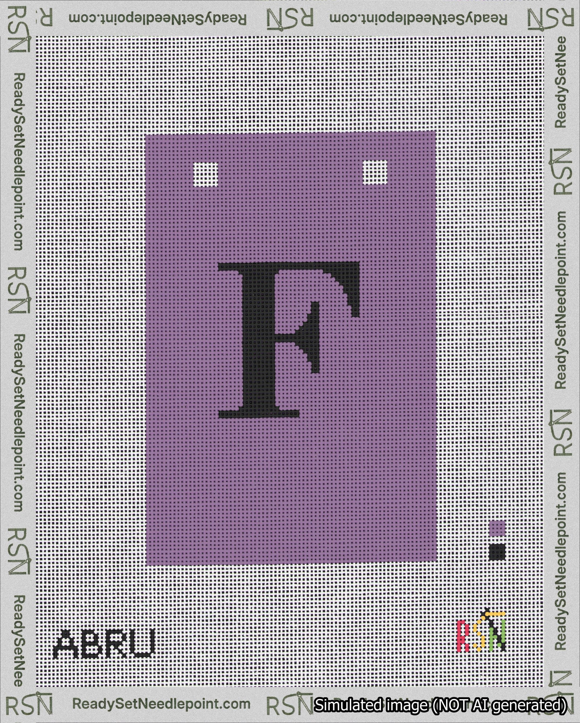 A taped needlepoint canvas with the design: Banner 18 mesh count Squared F Black on Purple.