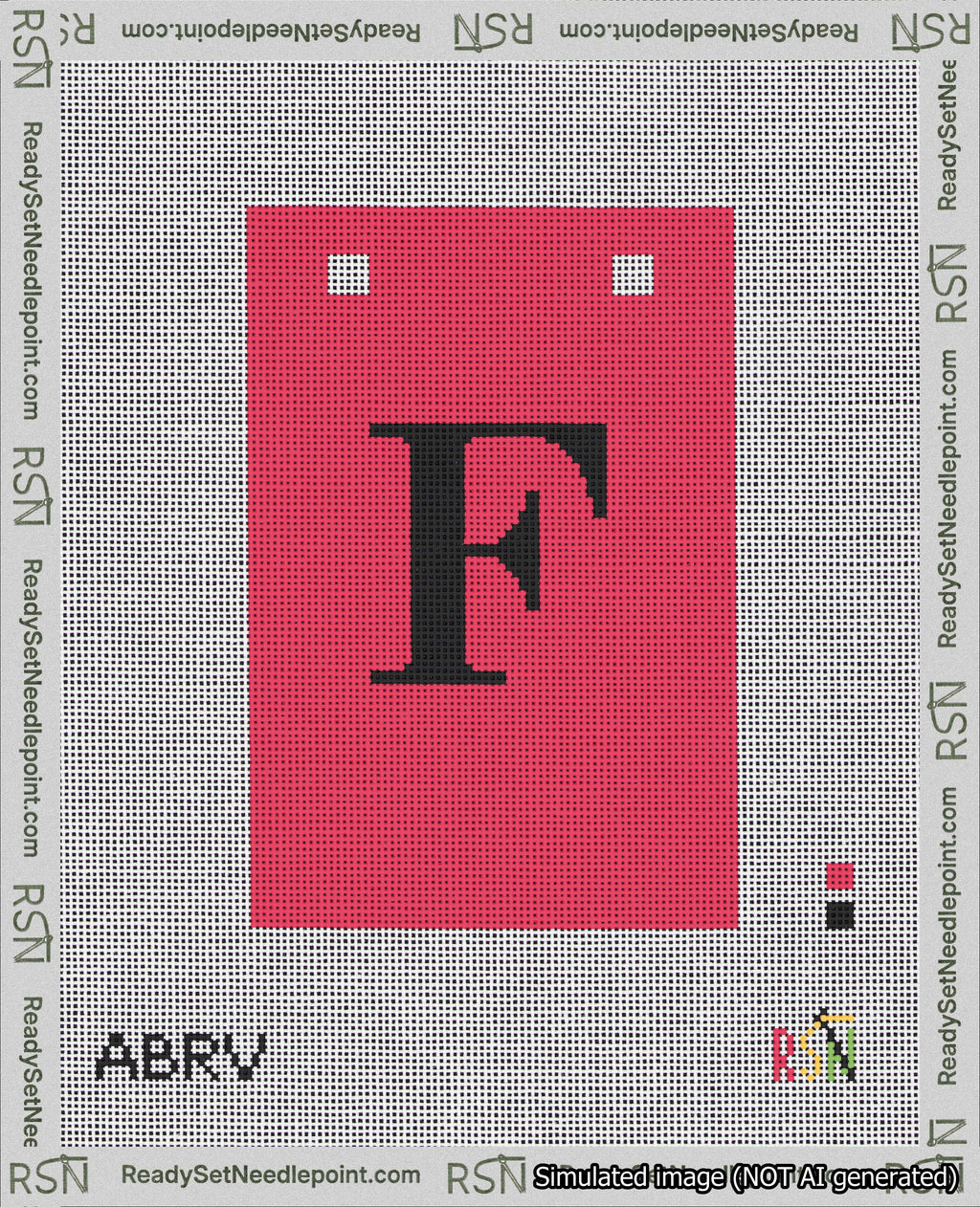 A taped needlepoint canvas with the design: Banner 18 mesh count Squared F Black on Red.