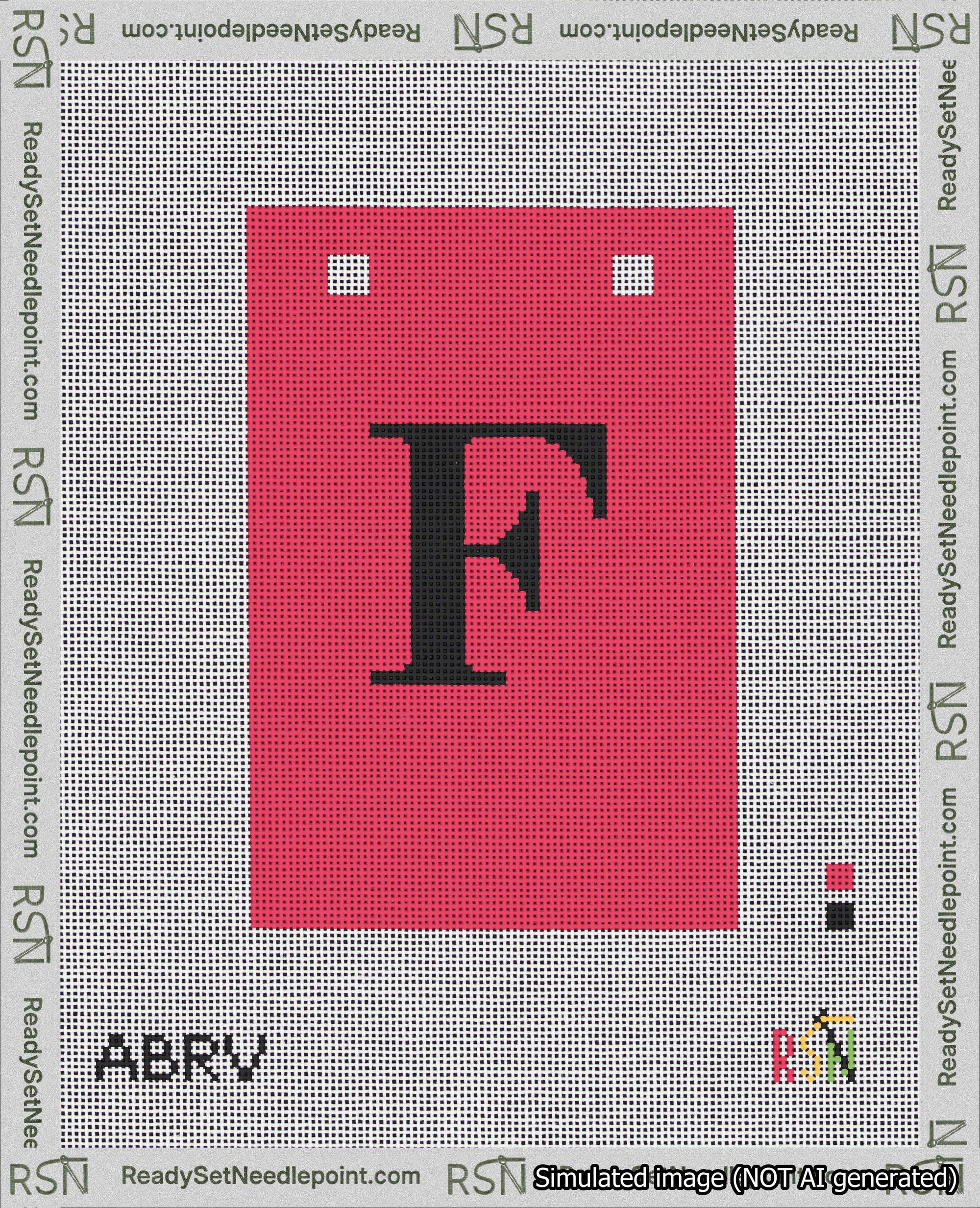 A taped needlepoint canvas with the design: Banner 18 mesh count Squared F Black on Red.