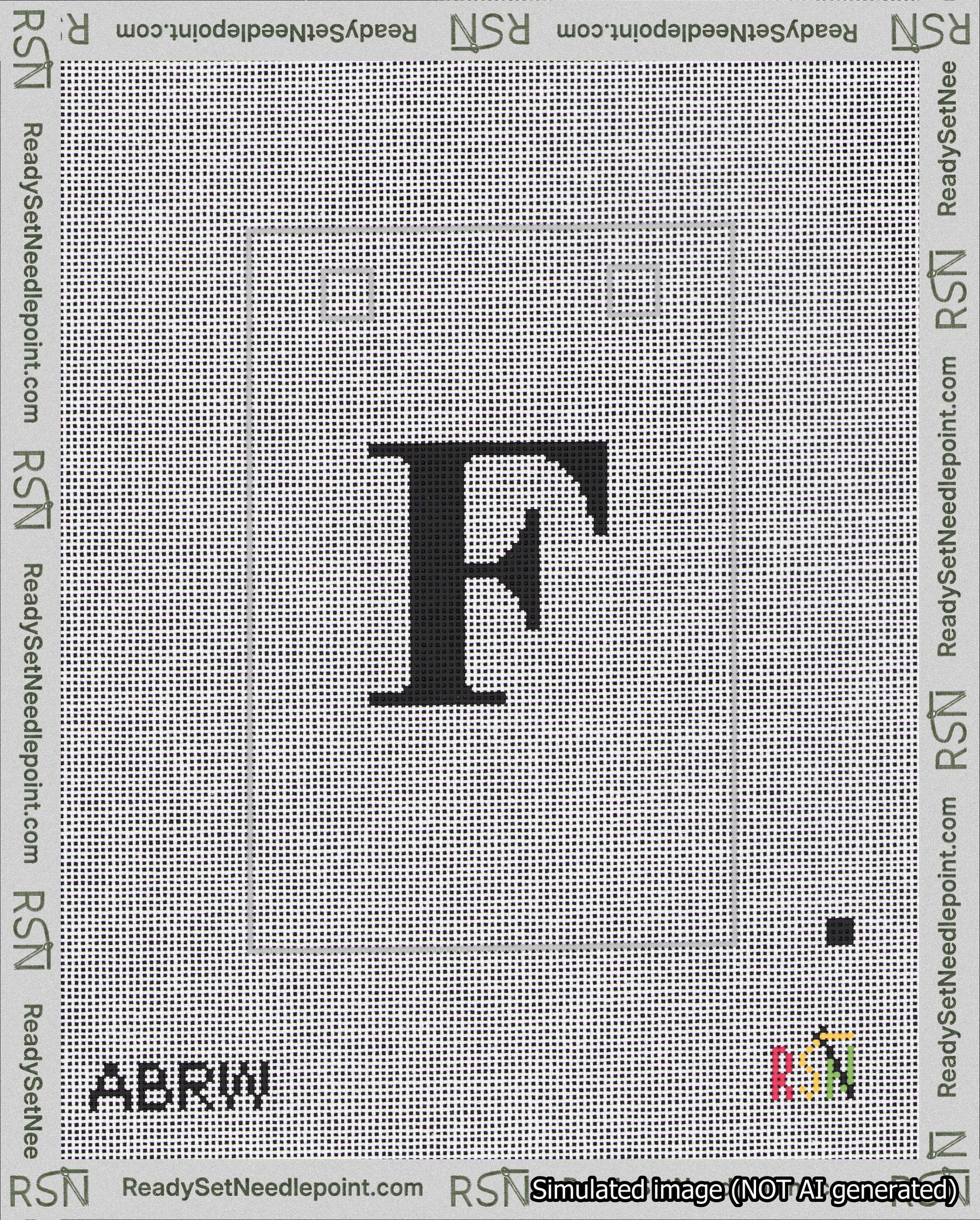 A taped needlepoint canvas with the design: Banner 18 mesh count Squared F Black on White.