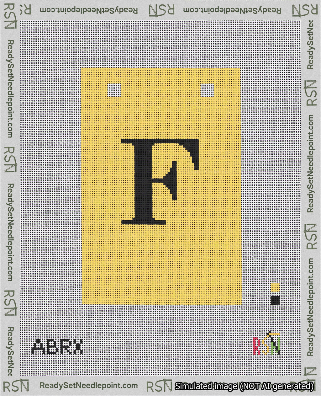 A taped needlepoint canvas with the design: Banner 18 mesh count Squared F Black on Yellow.