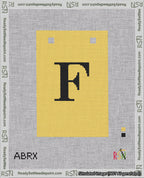 A taped needlepoint canvas with the design: Banner 18 mesh count Squared F Black on Yellow.