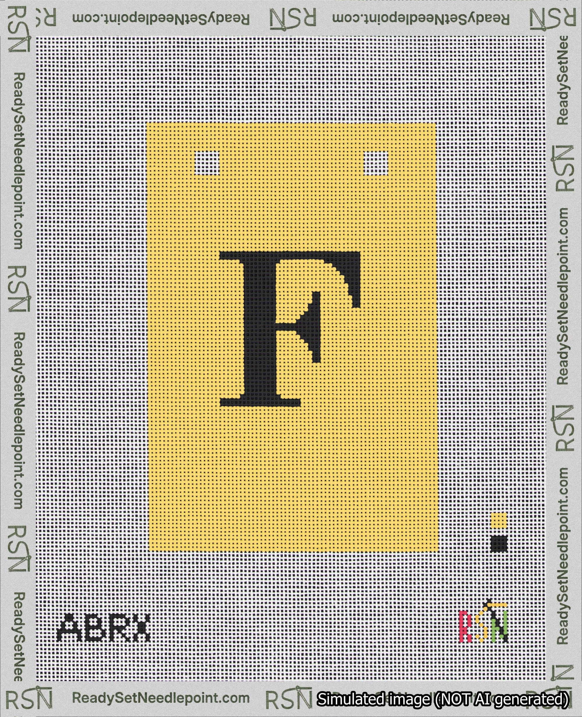 A taped needlepoint canvas with the design: Banner 18 mesh count Squared F Black on Yellow.