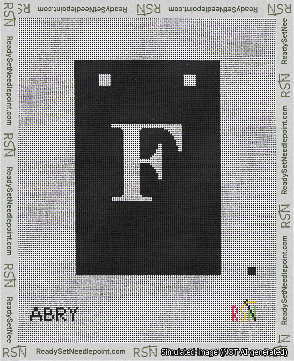 A taped needlepoint canvas with the design: Banner 18 mesh count Squared F White on Black.