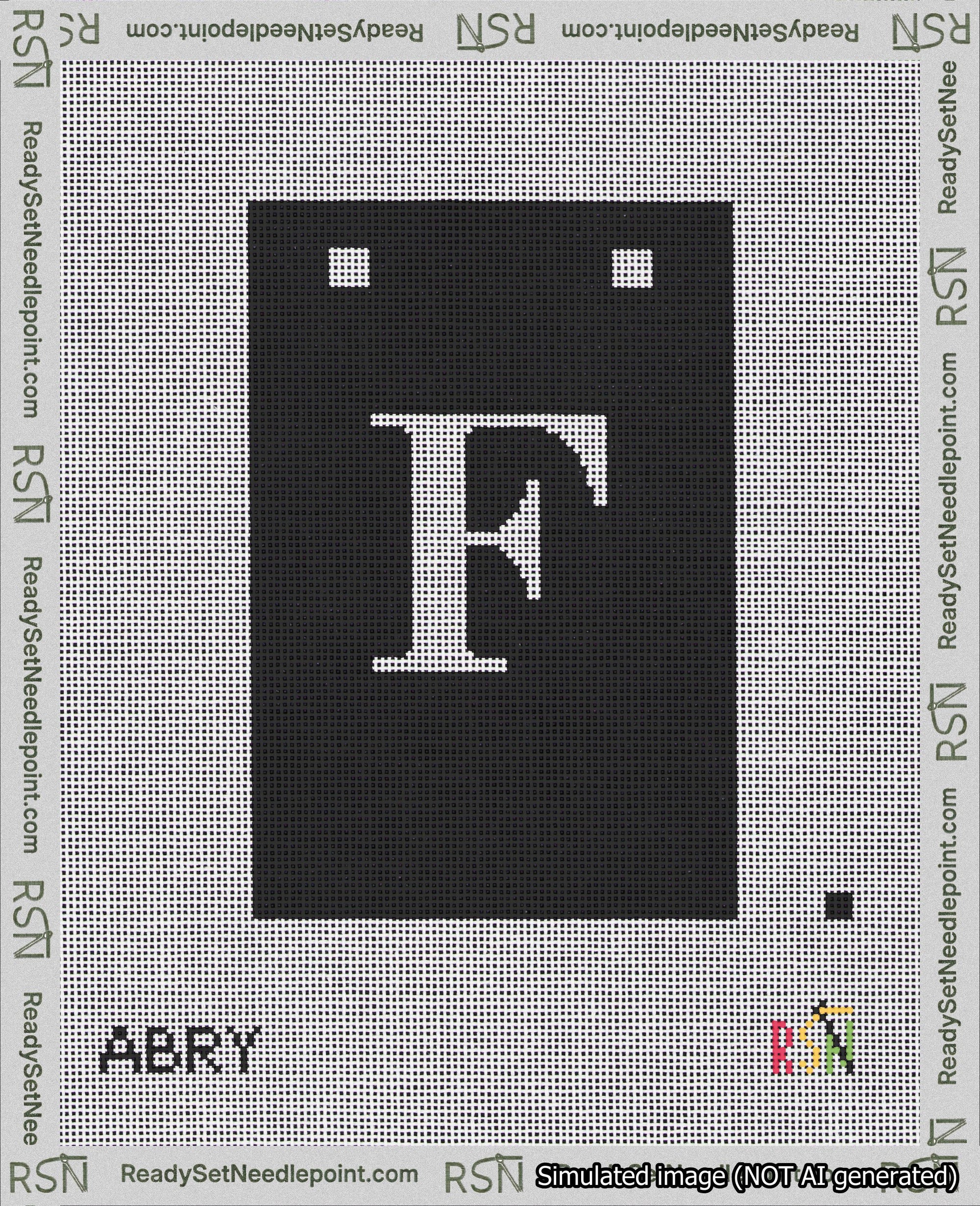 A taped needlepoint canvas with the design: Banner 18 mesh count Squared F White on Black.