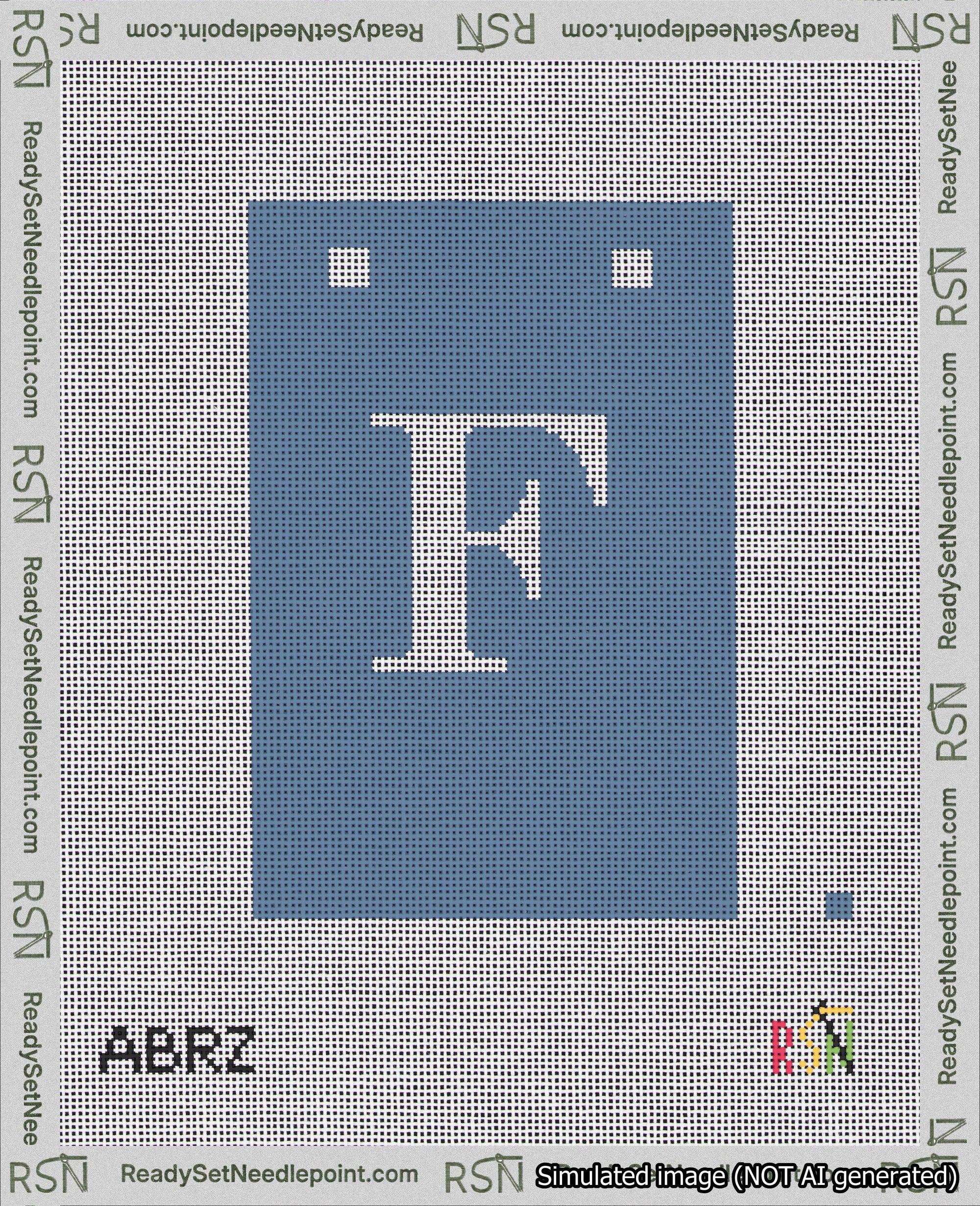 A taped needlepoint canvas with the design: Banner 18 mesh count Squared F White on Blue.
