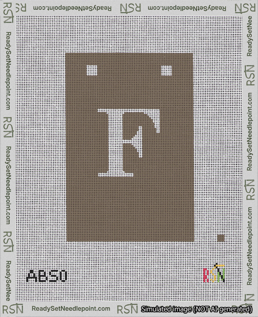 A taped needlepoint canvas with the design: Banner 18 mesh count Squared F White on Brown.