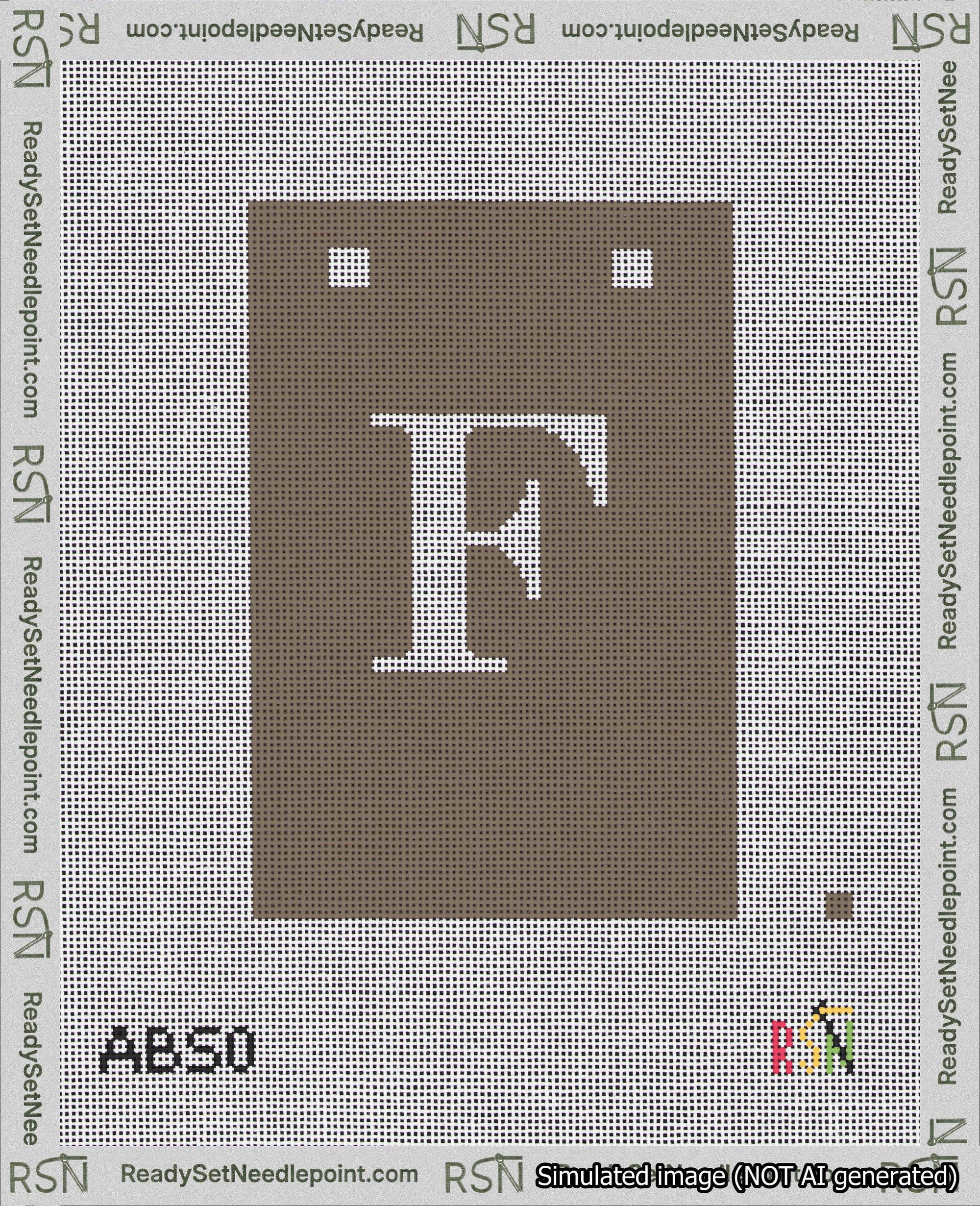 A taped needlepoint canvas with the design: Banner 18 mesh count Squared F White on Brown.