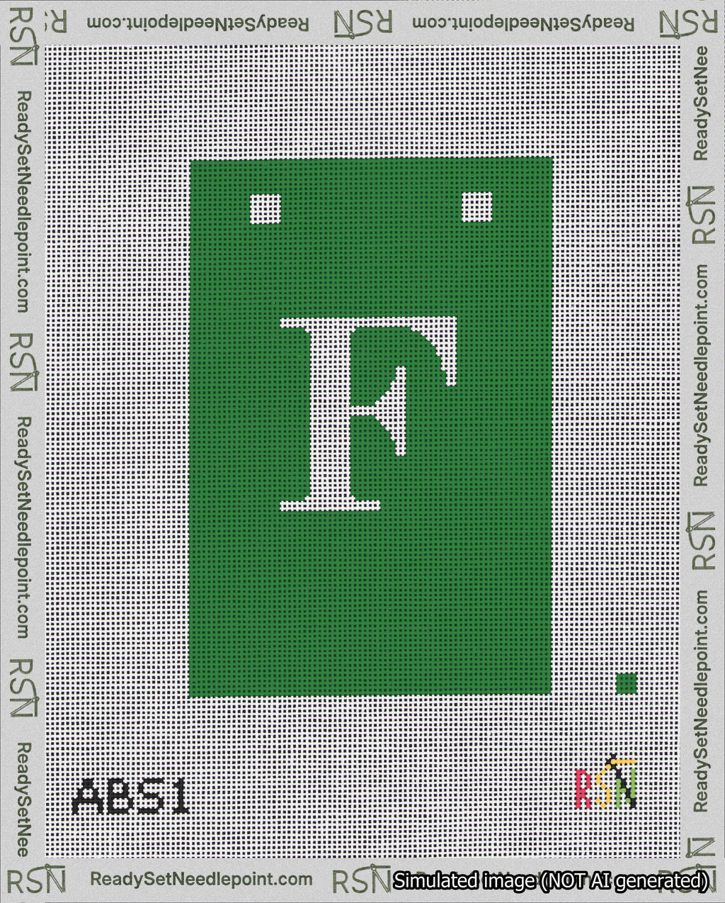 A taped needlepoint canvas with the design: Banner 18 mesh count Squared F White on Green.