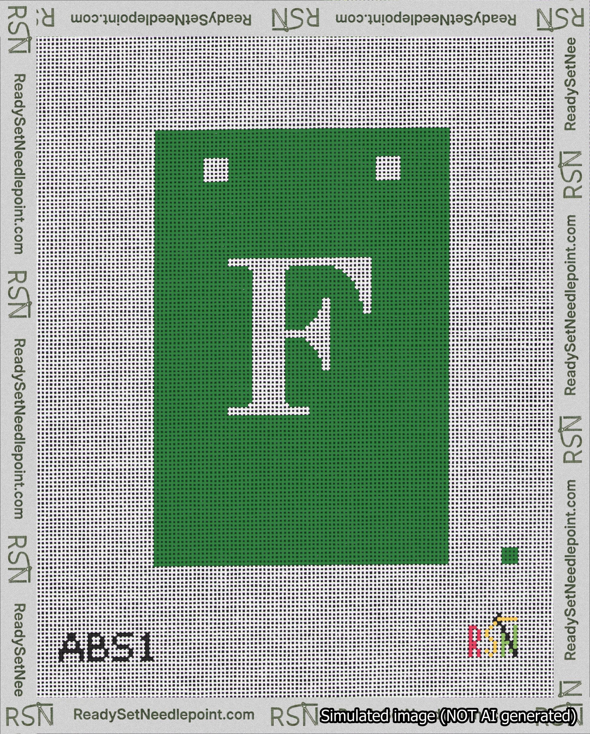 A taped needlepoint canvas with the design: Banner 18 mesh count Squared F White on Green.