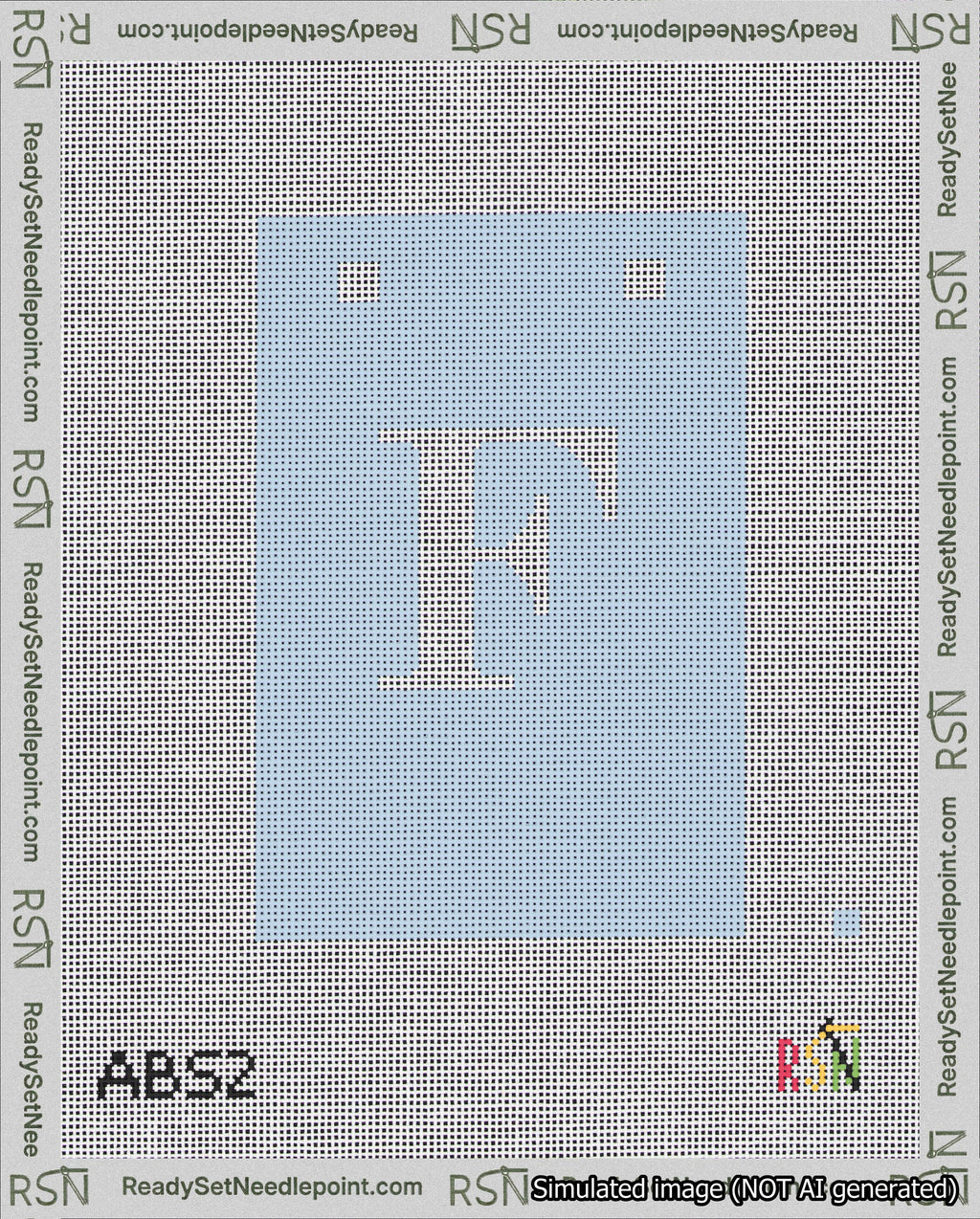 A taped needlepoint canvas with the design: Banner 18 mesh count Squared F White on Light Blue.
