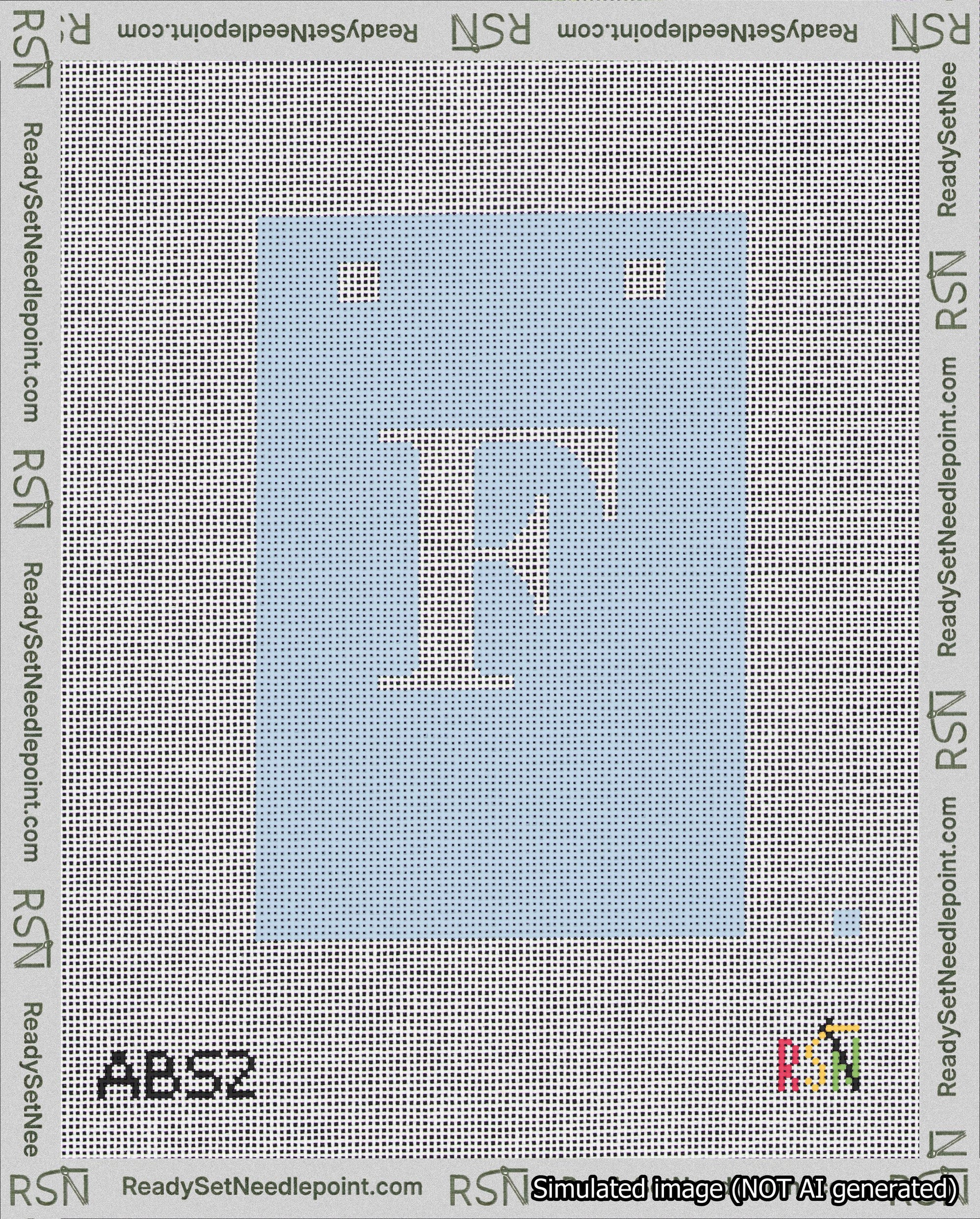 A taped needlepoint canvas with the design: Banner 18 mesh count Squared F White on Light Blue.