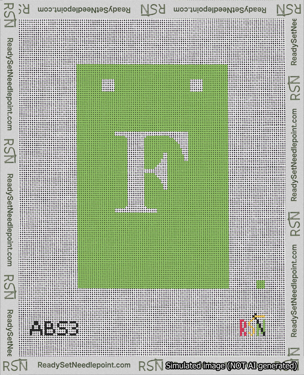A taped needlepoint canvas with the design: Banner 18 mesh count Squared F White on Light Green.