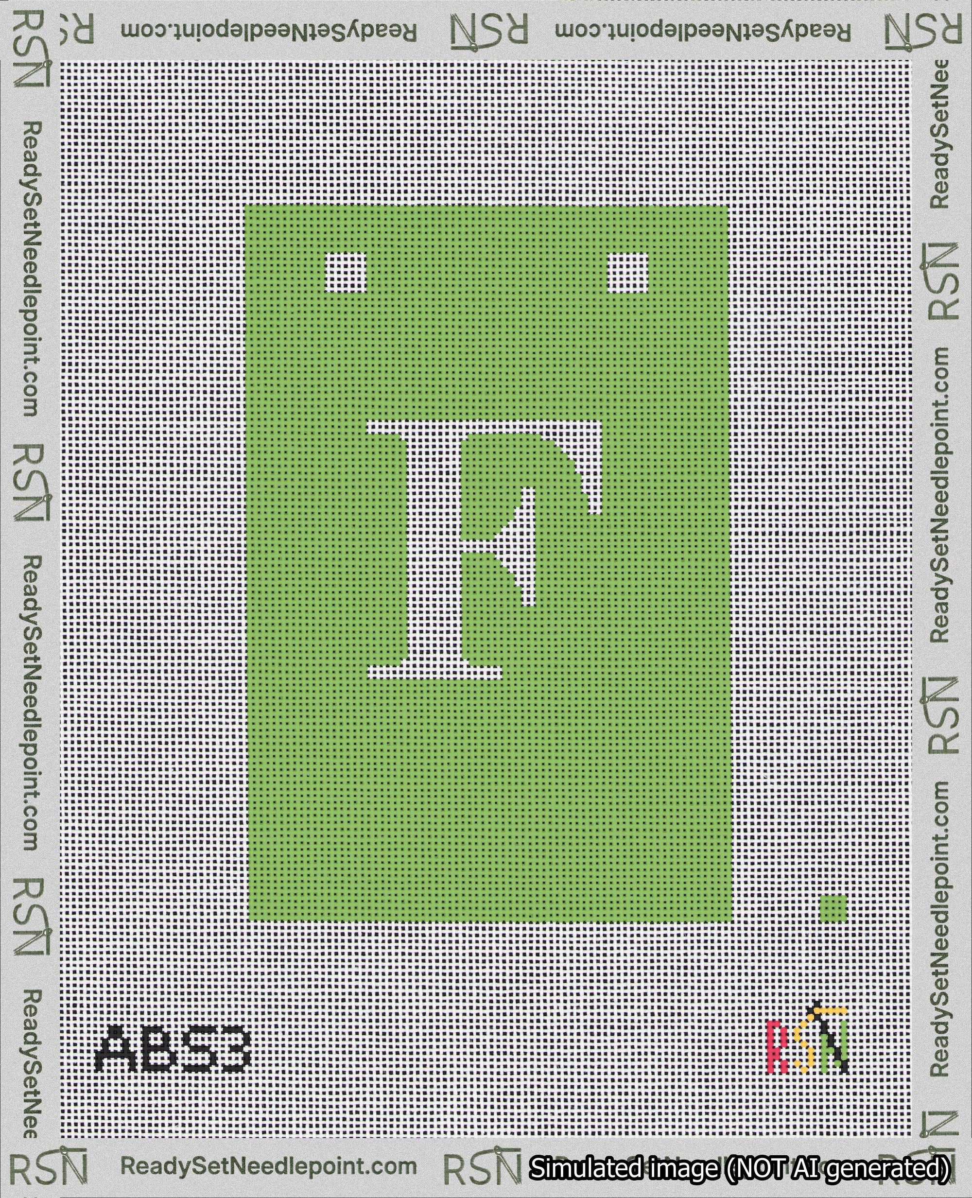 A taped needlepoint canvas with the design: Banner 18 mesh count Squared F White on Light Green.