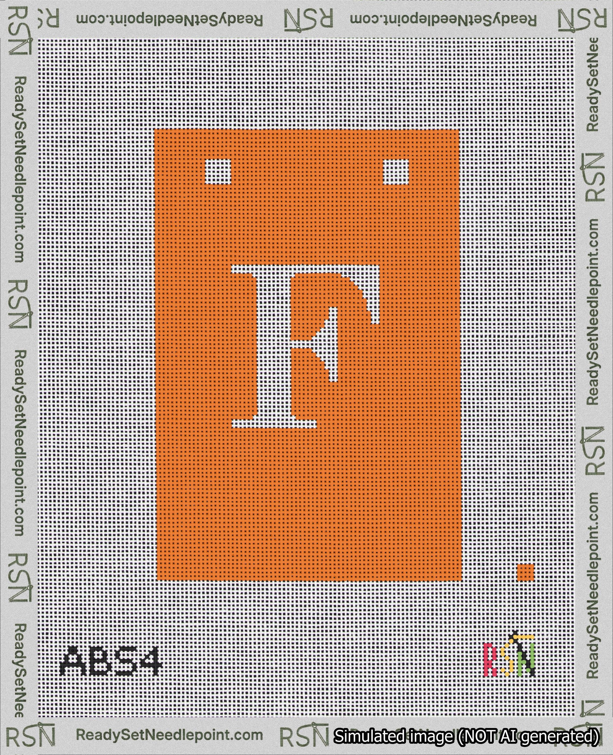 A taped needlepoint canvas with the design: Banner 18 mesh count Squared F White on Orange.
