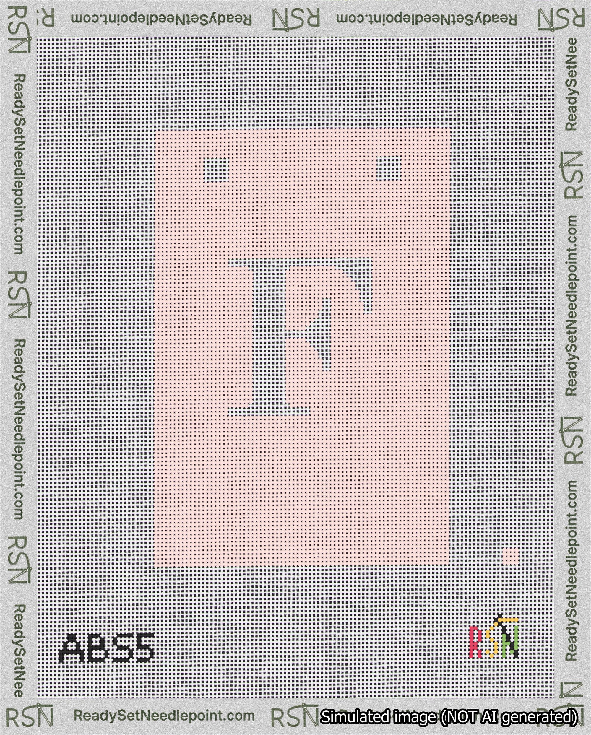A taped needlepoint canvas with the design: Banner 18 mesh count Squared F White on Pink.