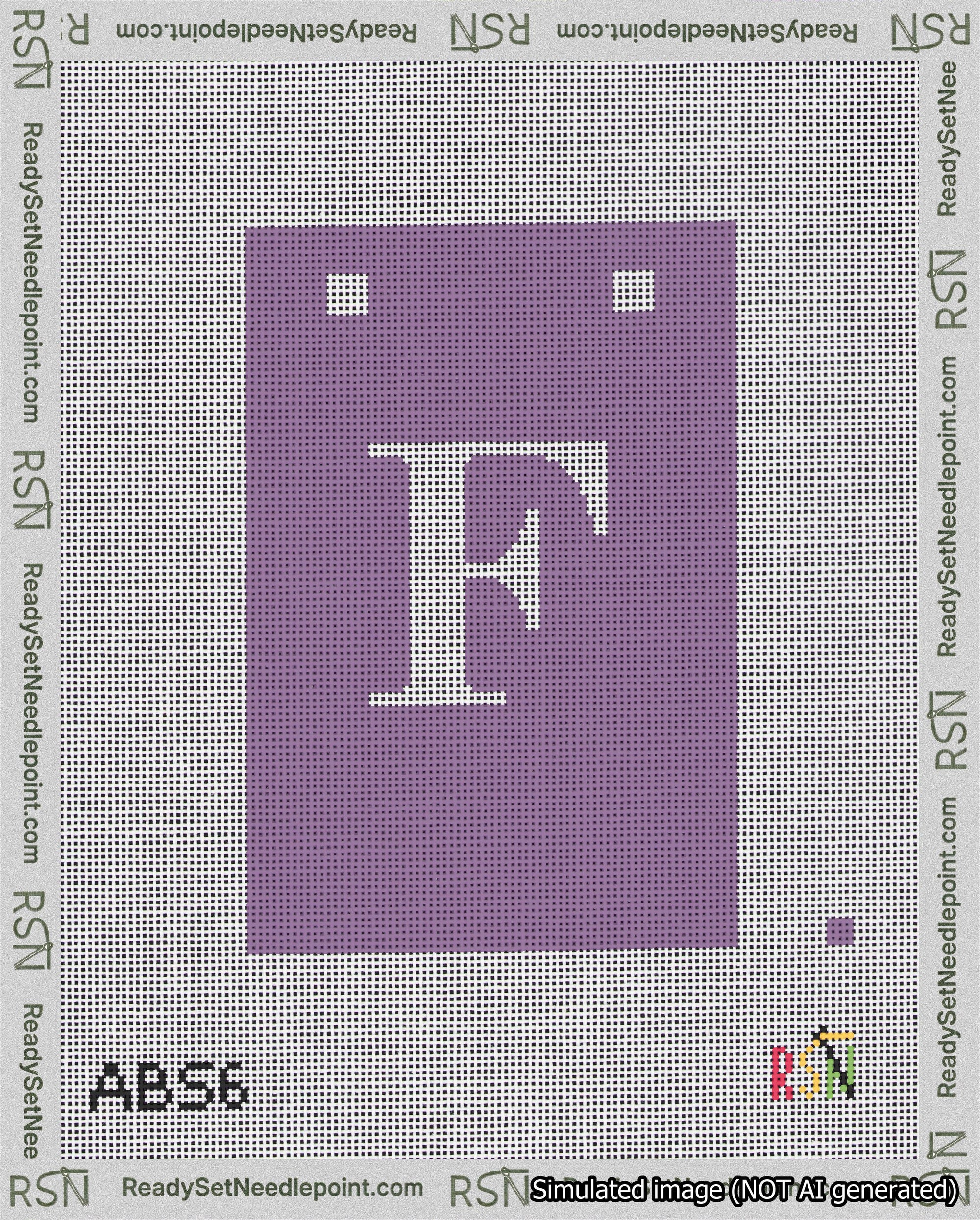 A taped needlepoint canvas with the design: Banner 18 mesh count Squared F White on Purple.