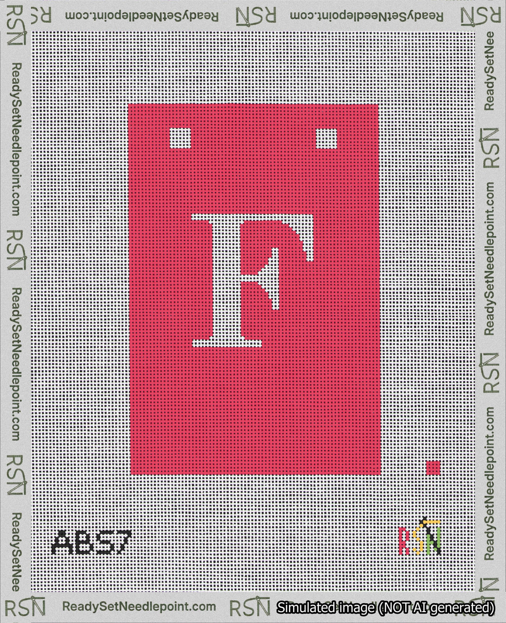A taped needlepoint canvas with the design: Banner 18 mesh count Squared F White on Red.