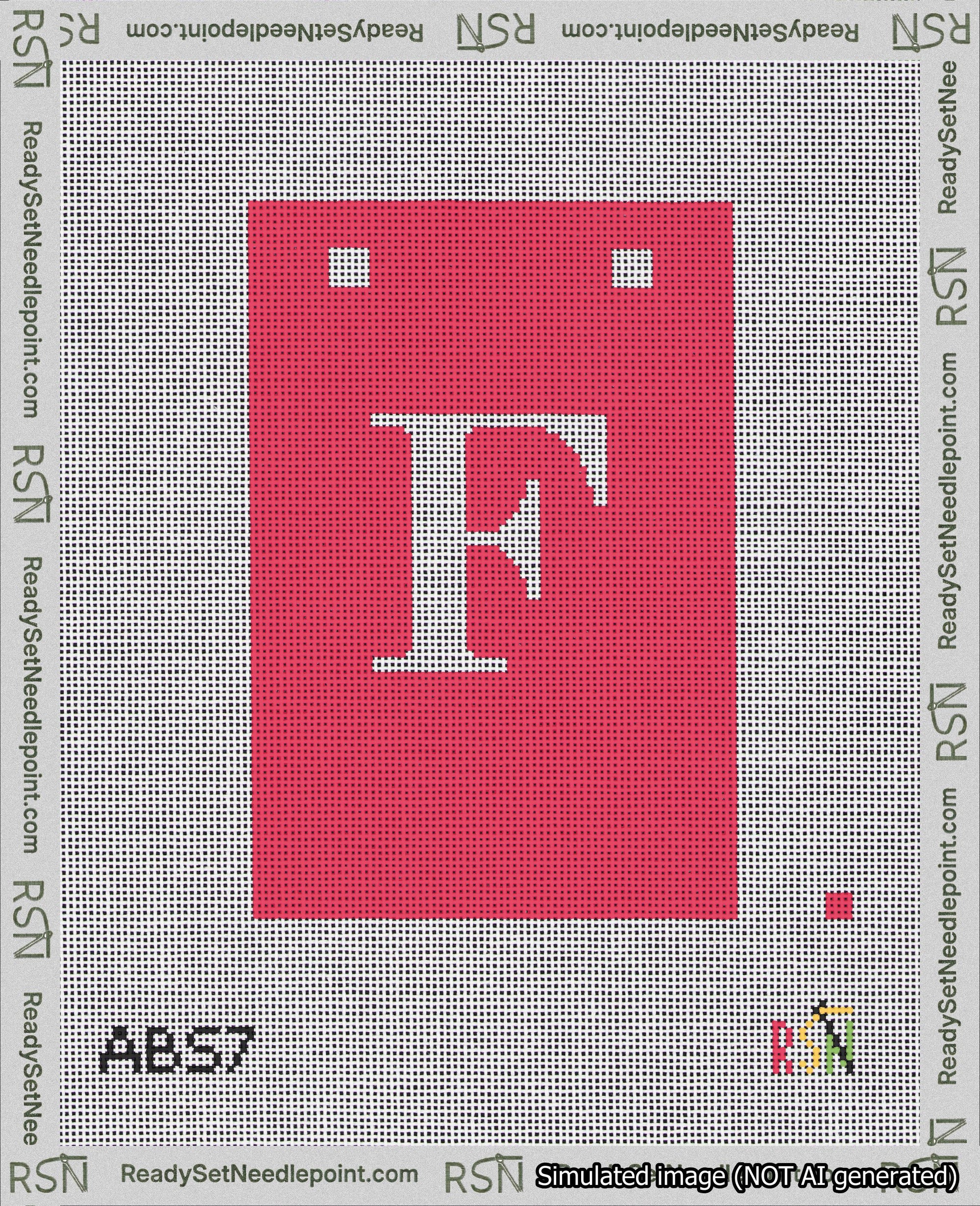 A taped needlepoint canvas with the design: Banner 18 mesh count Squared F White on Red.
