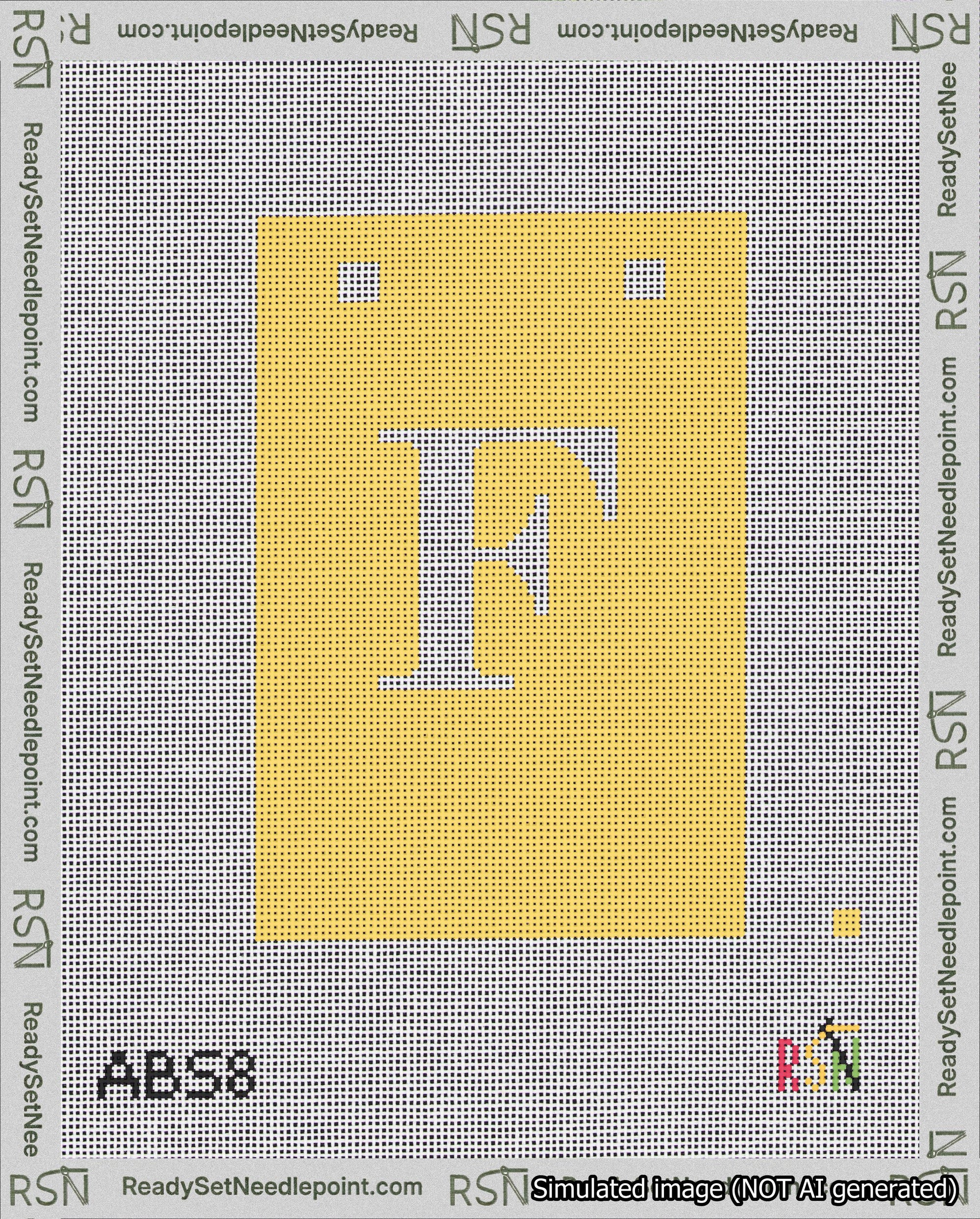 A taped needlepoint canvas with the design: Banner 18 mesh count Squared F White on Yellow.