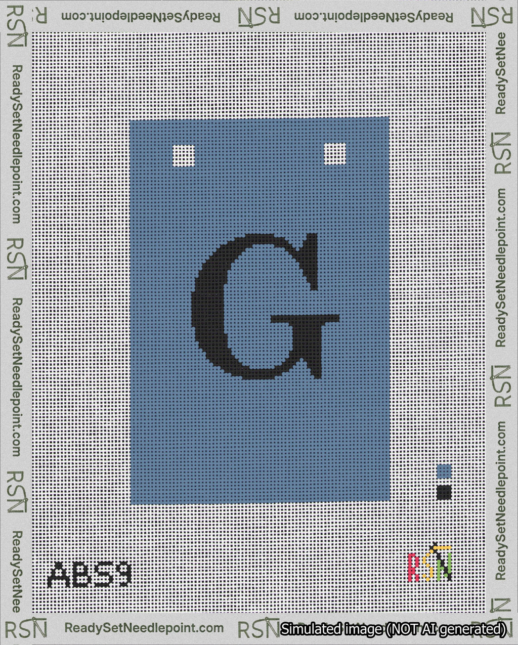 A taped needlepoint canvas with the design: Banner 18 mesh count Squared G Black on Blue.