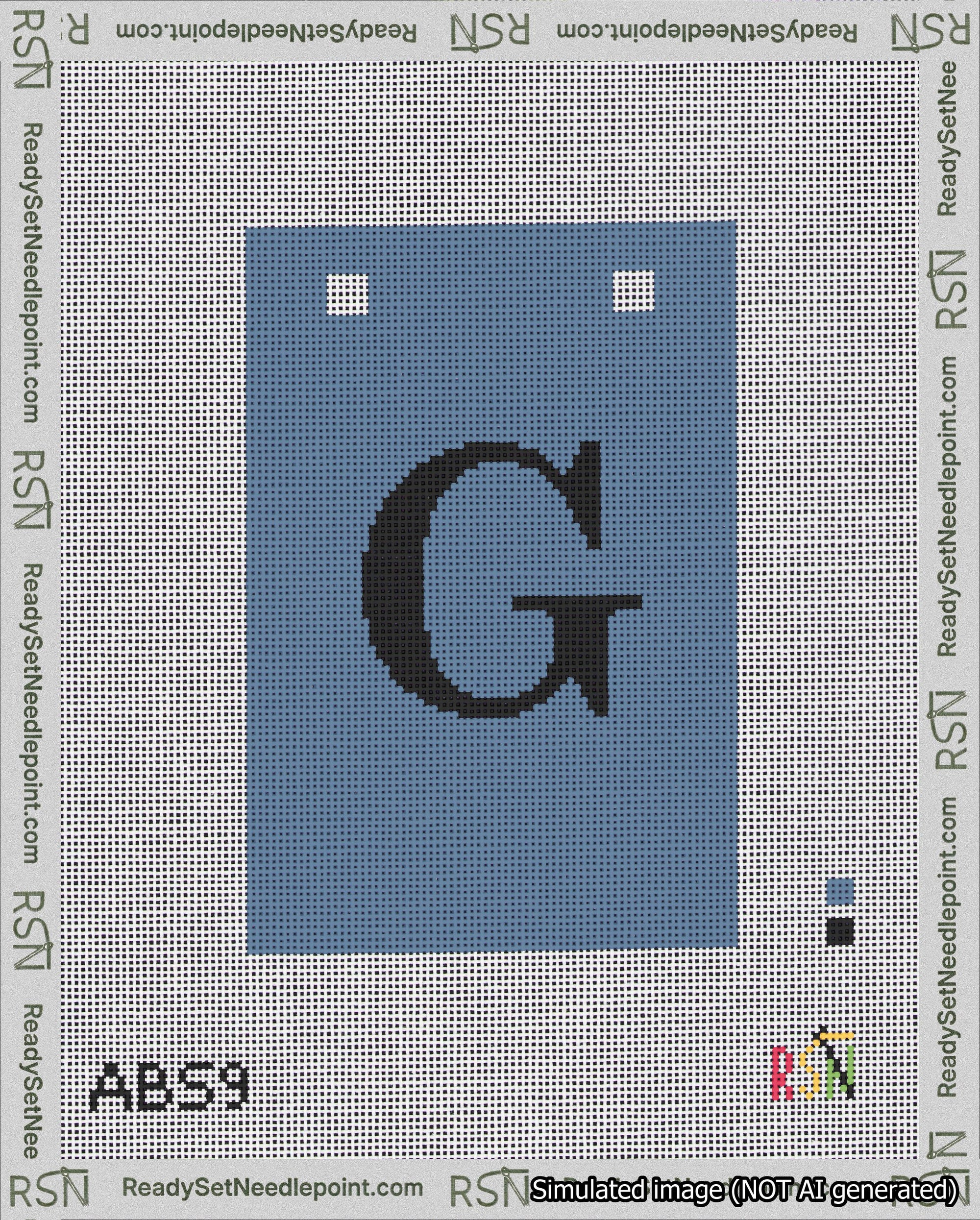 A taped needlepoint canvas with the design: Banner 18 mesh count Squared G Black on Blue.
