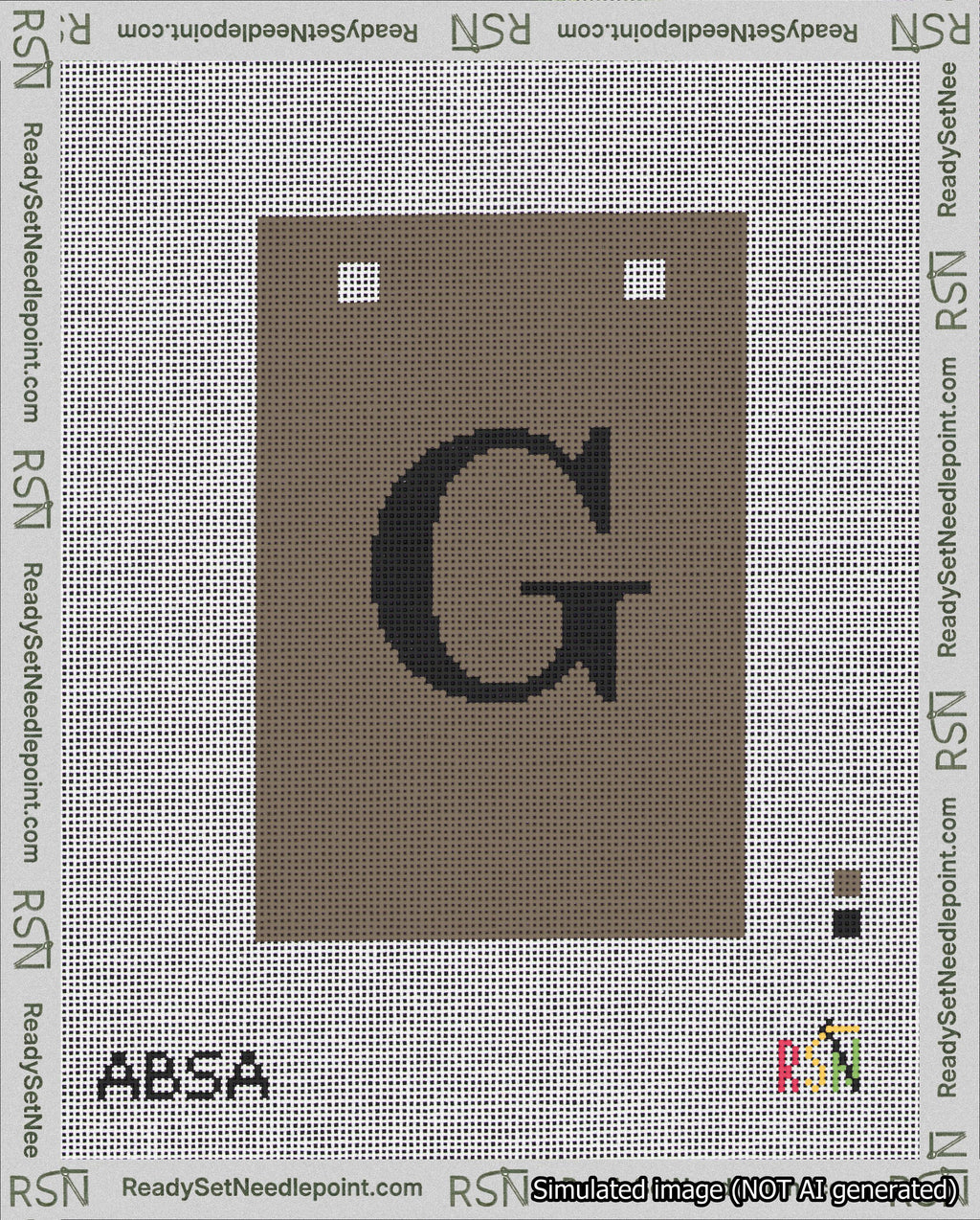 A taped needlepoint canvas with the design: Banner 18 mesh count Squared G Black on Brown.