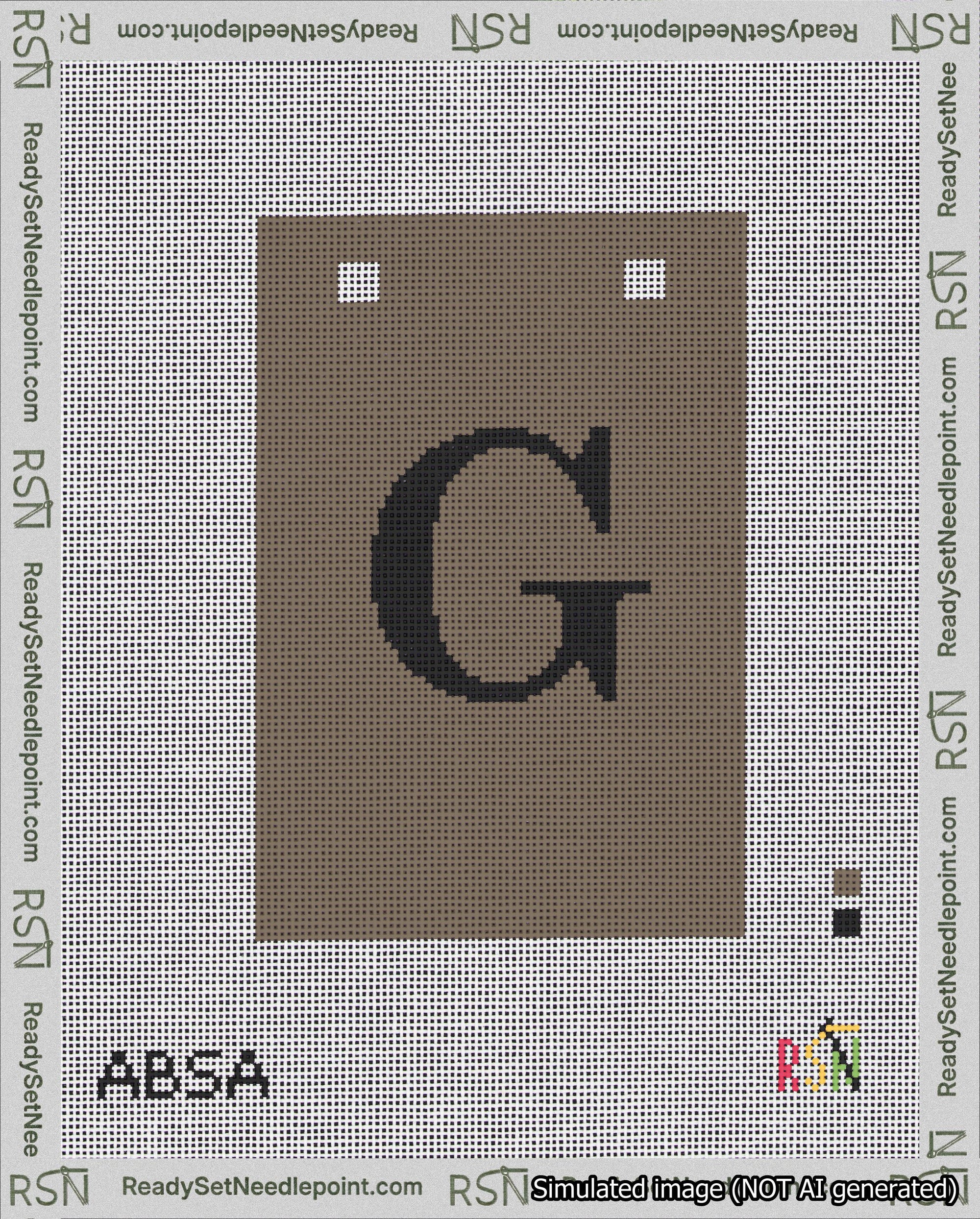 A taped needlepoint canvas with the design: Banner 18 mesh count Squared G Black on Brown.