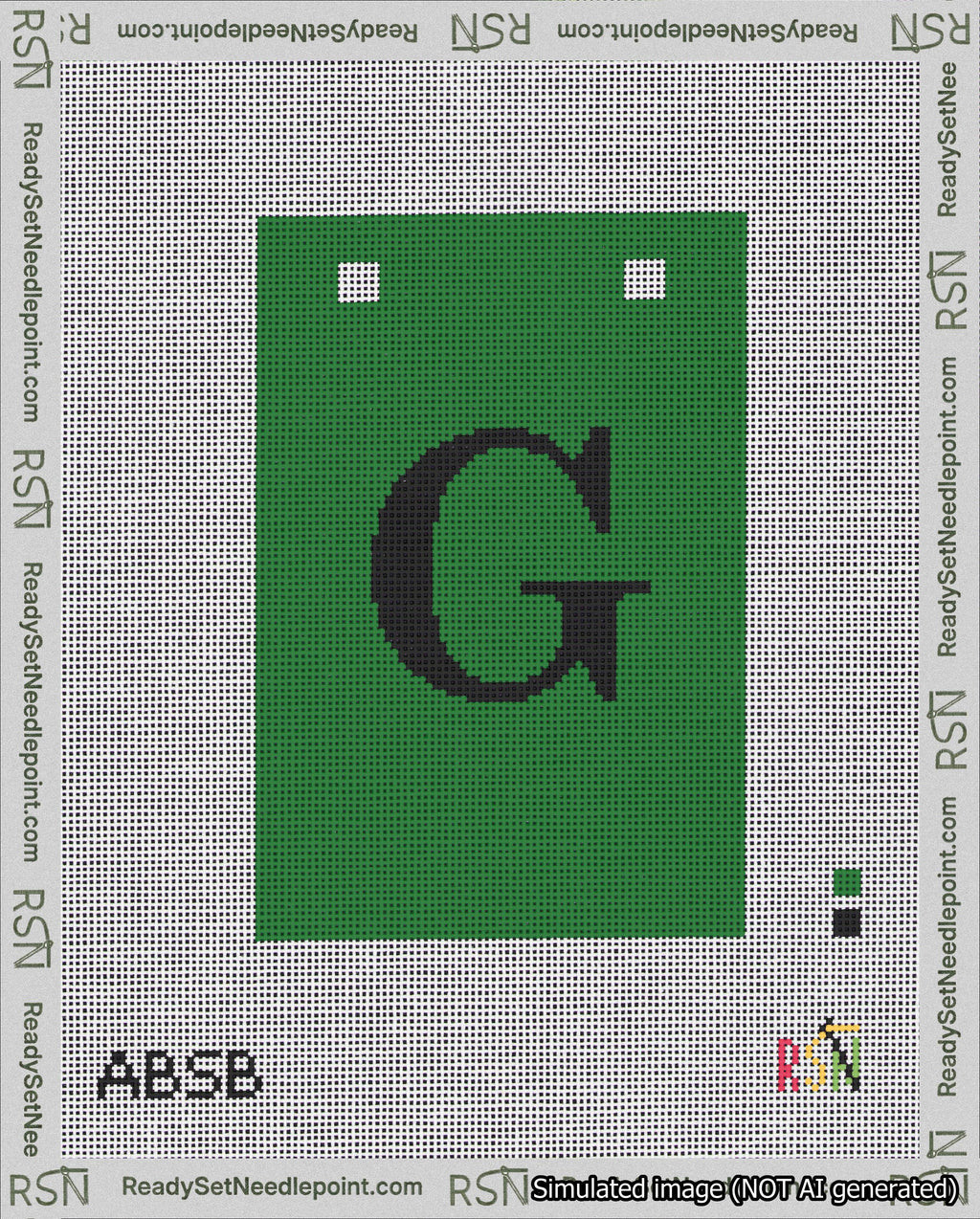 A taped needlepoint canvas with the design: Banner 18 mesh count Squared G Black on Green.