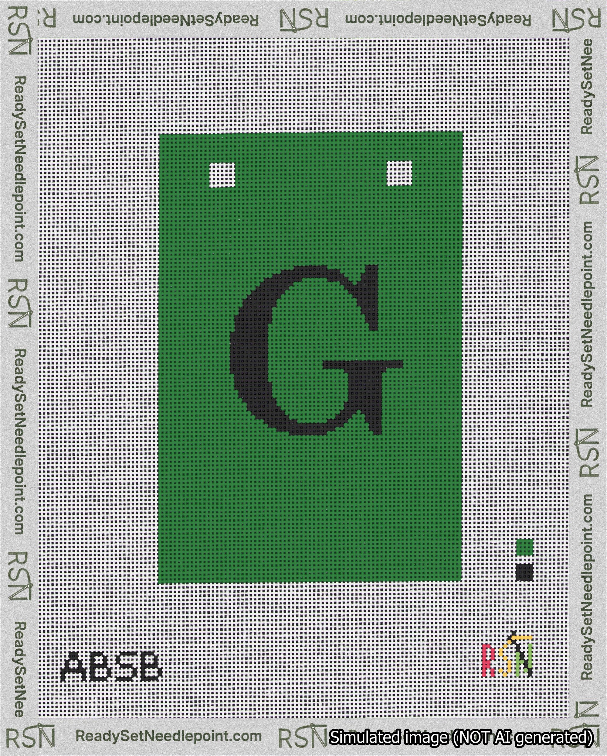A taped needlepoint canvas with the design: Banner 18 mesh count Squared G Black on Green.