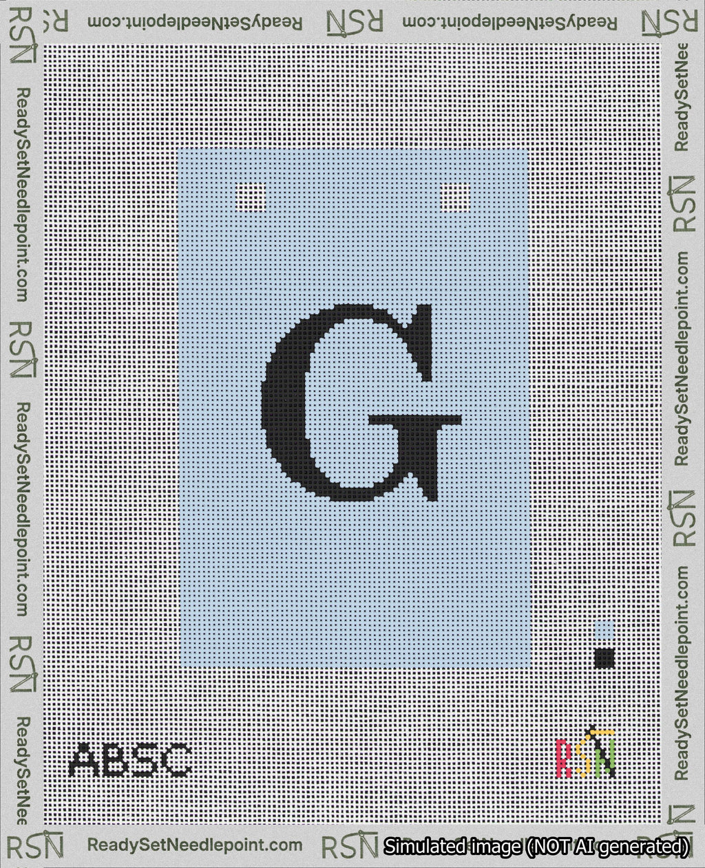 A taped needlepoint canvas with the design: Banner 18 mesh count Squared G Black on Light Blue.