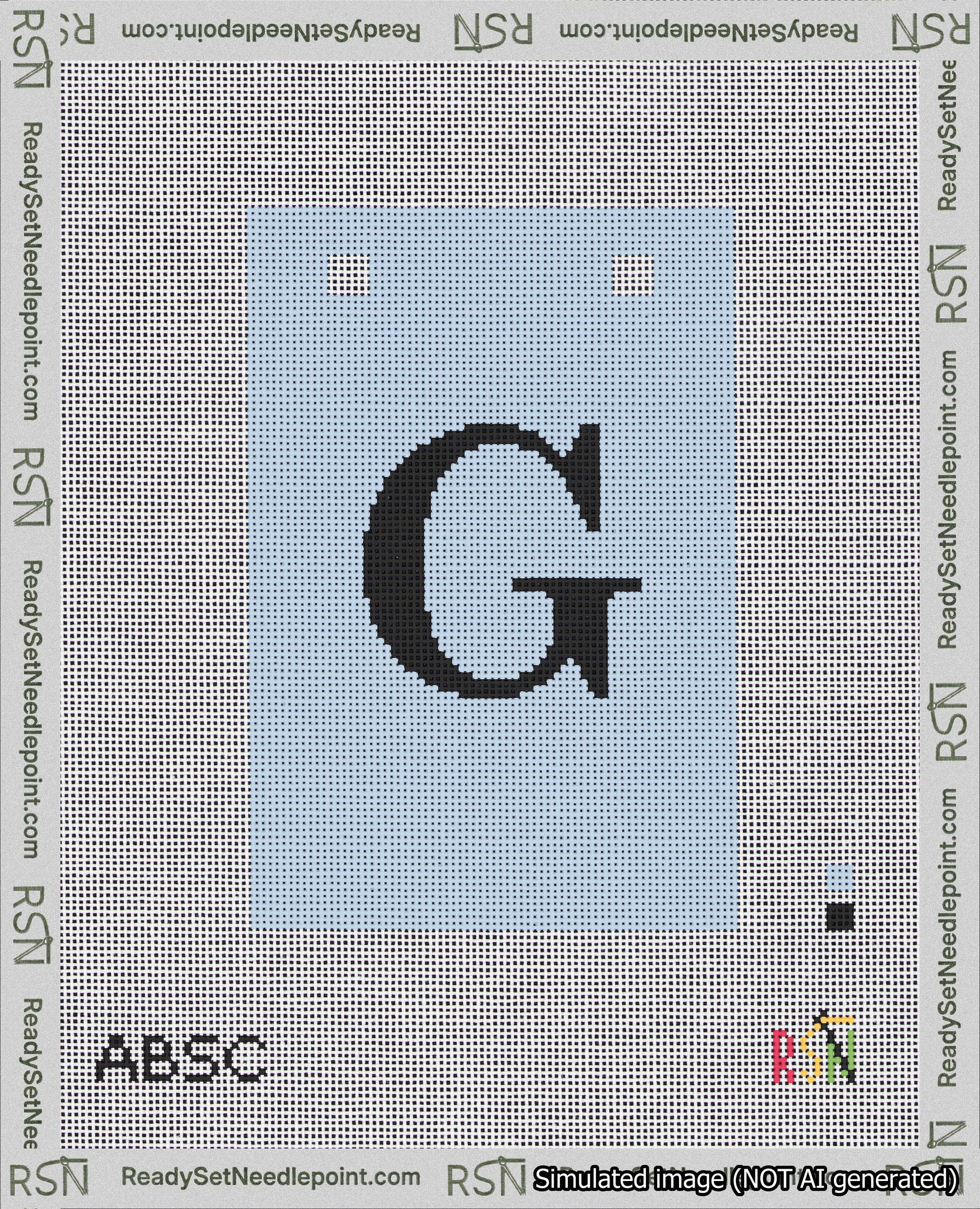 A taped needlepoint canvas with the design: Banner 18 mesh count Squared G Black on Light Blue.