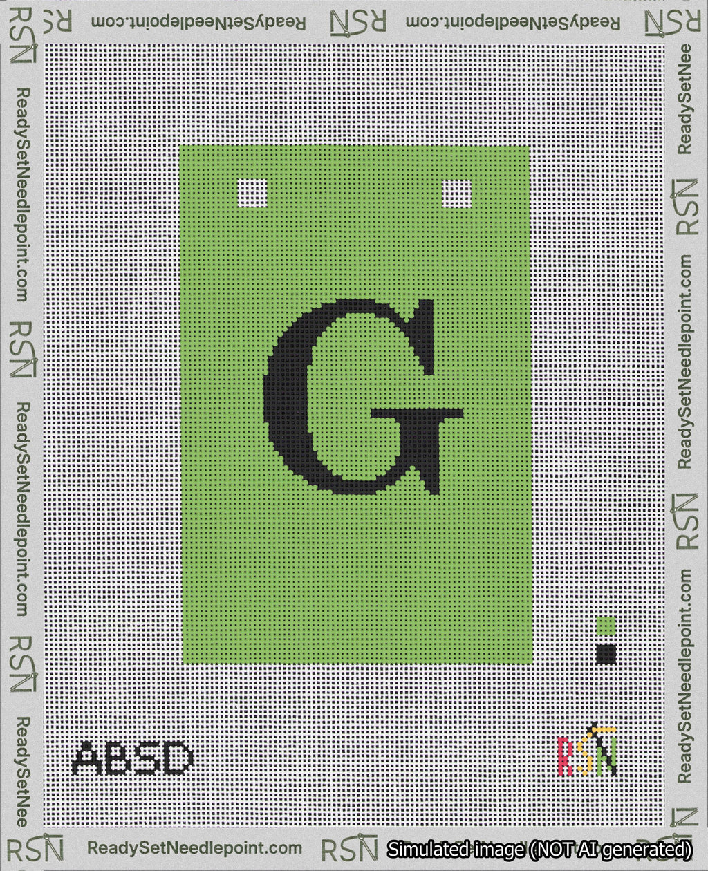 A taped needlepoint canvas with the design: Banner 18 mesh count Squared G Black on Light Green.