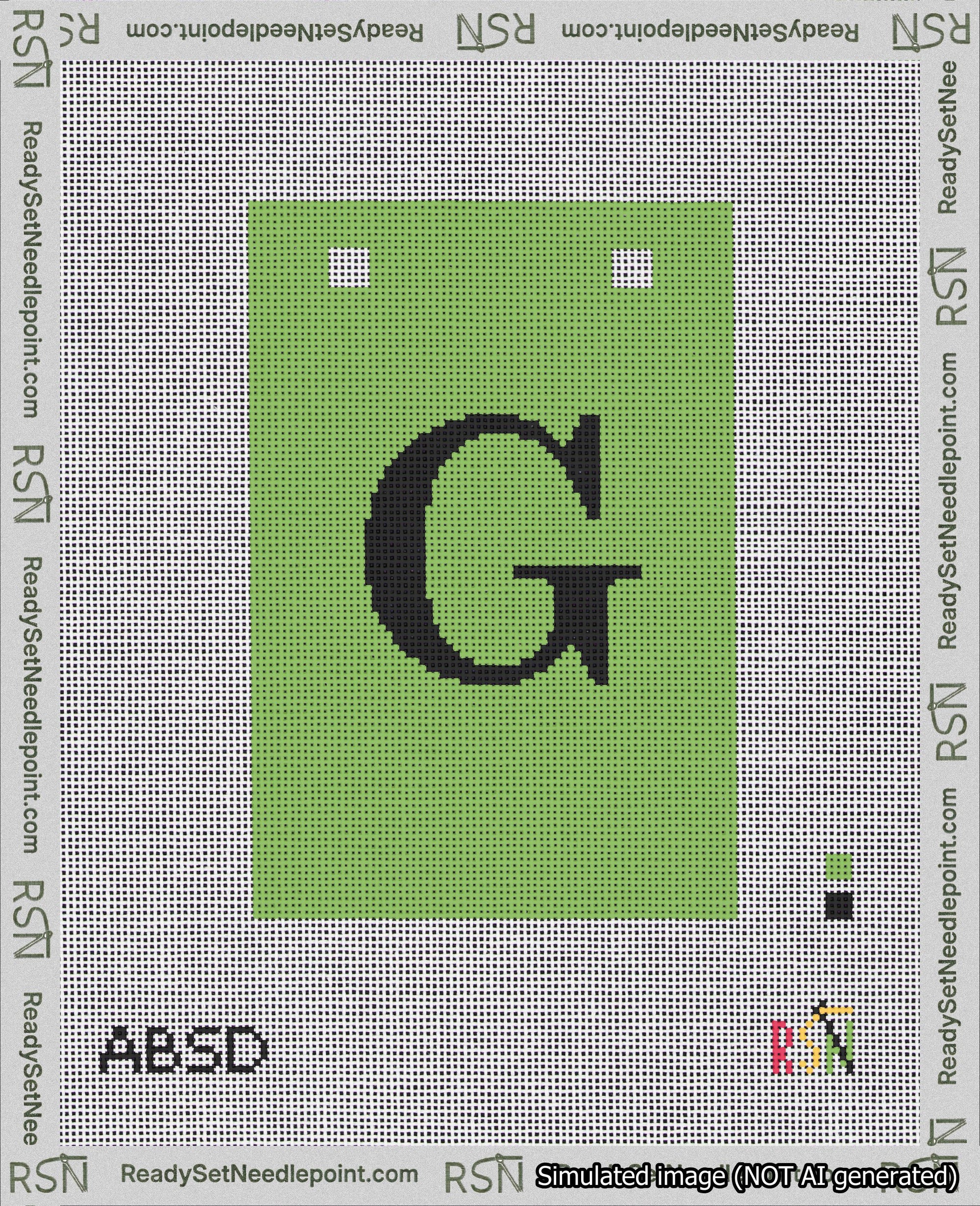 A taped needlepoint canvas with the design: Banner 18 mesh count Squared G Black on Light Green.