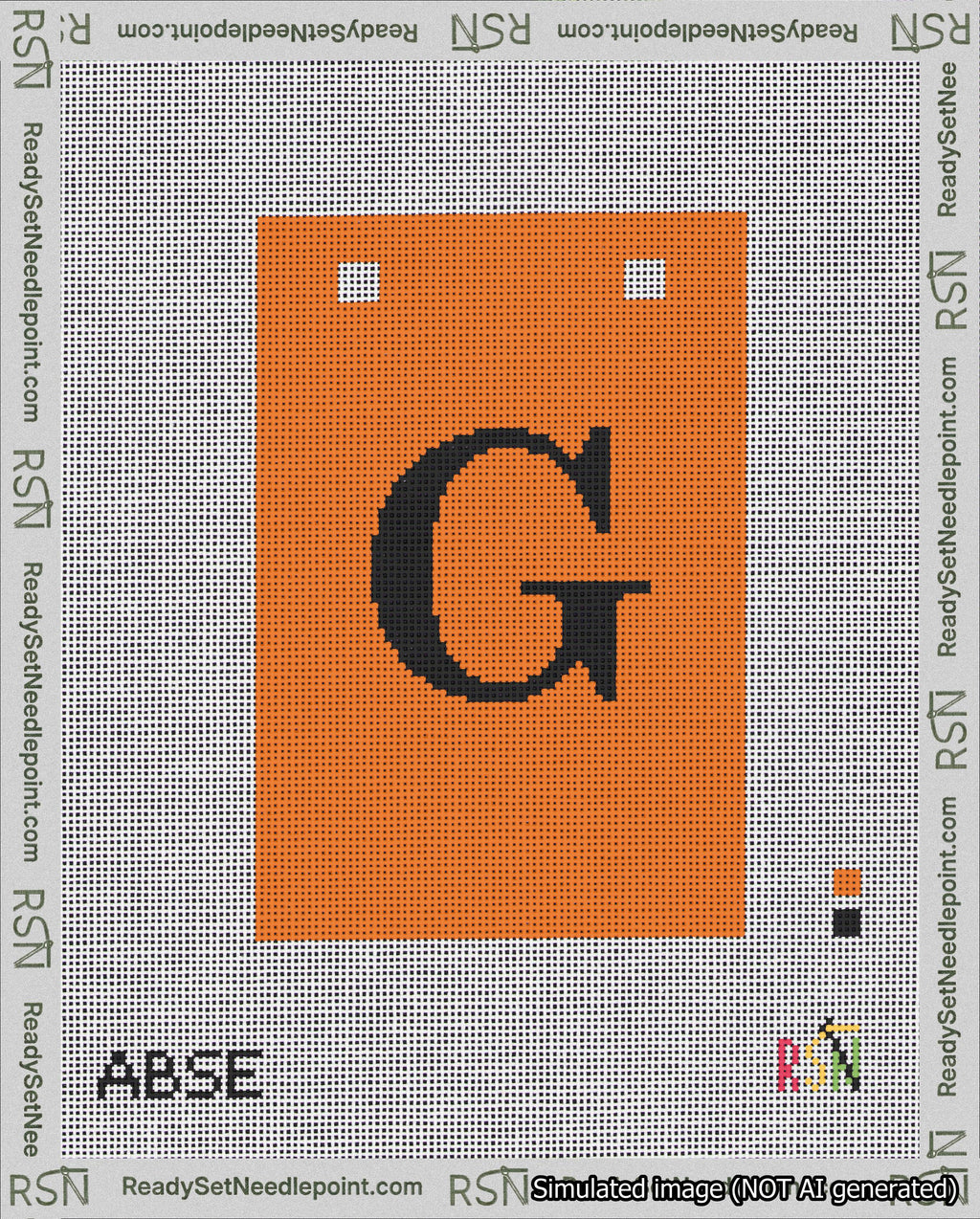 A taped needlepoint canvas with the design: Banner 18 mesh count Squared G Black on Orange.