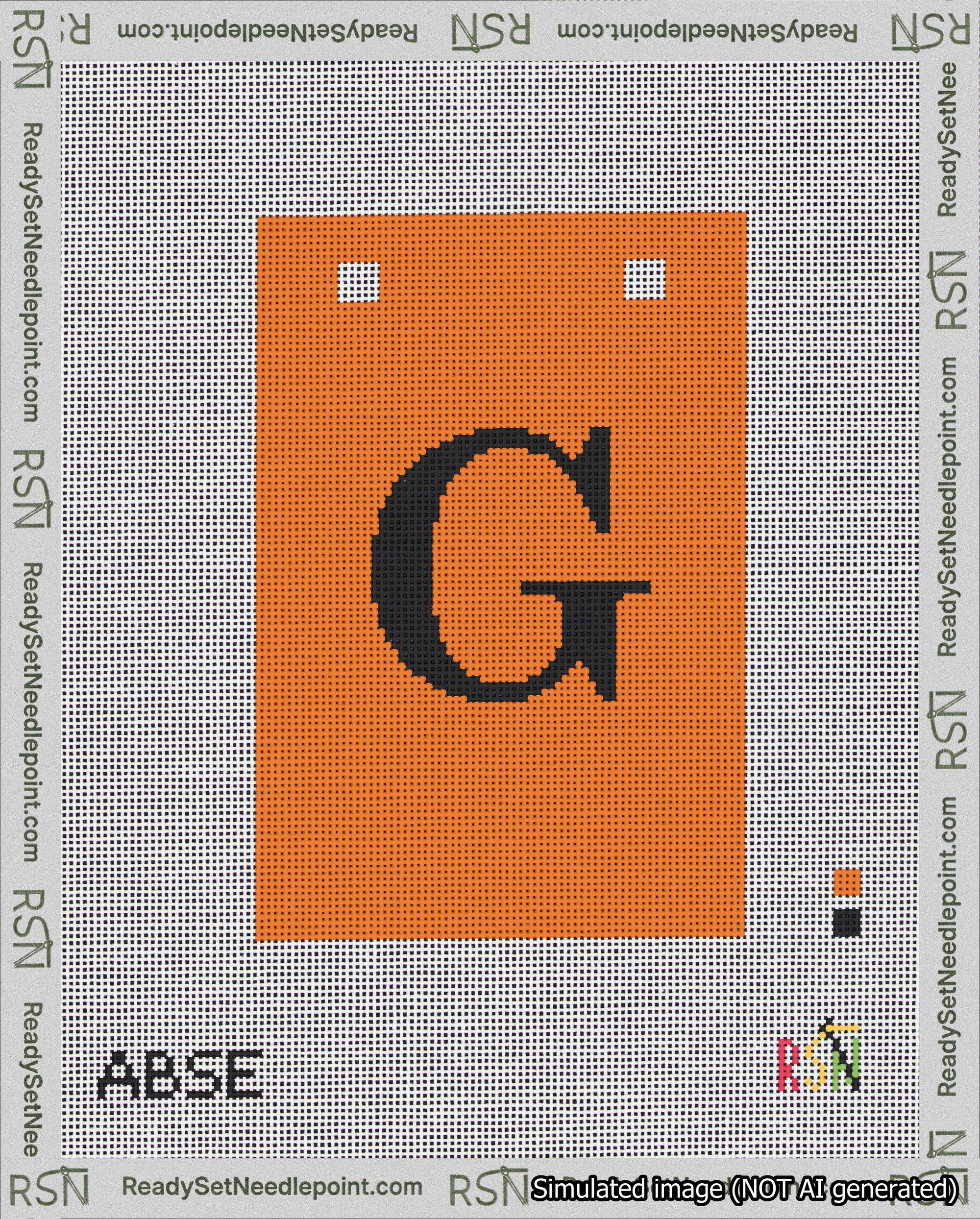 A taped needlepoint canvas with the design: Banner 18 mesh count Squared G Black on Orange.