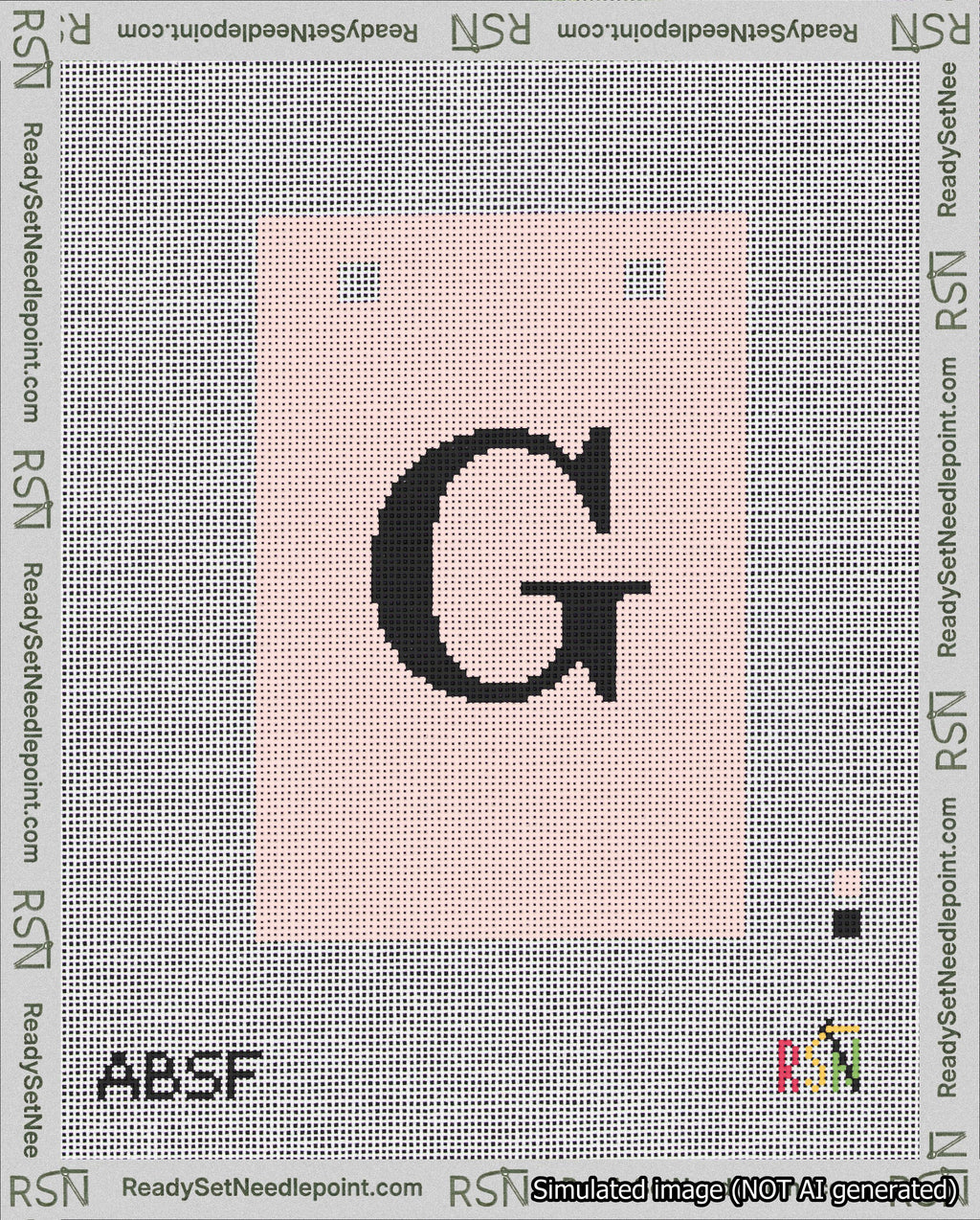 A taped needlepoint canvas with the design: Banner 18 mesh count Squared G Black on Pink.