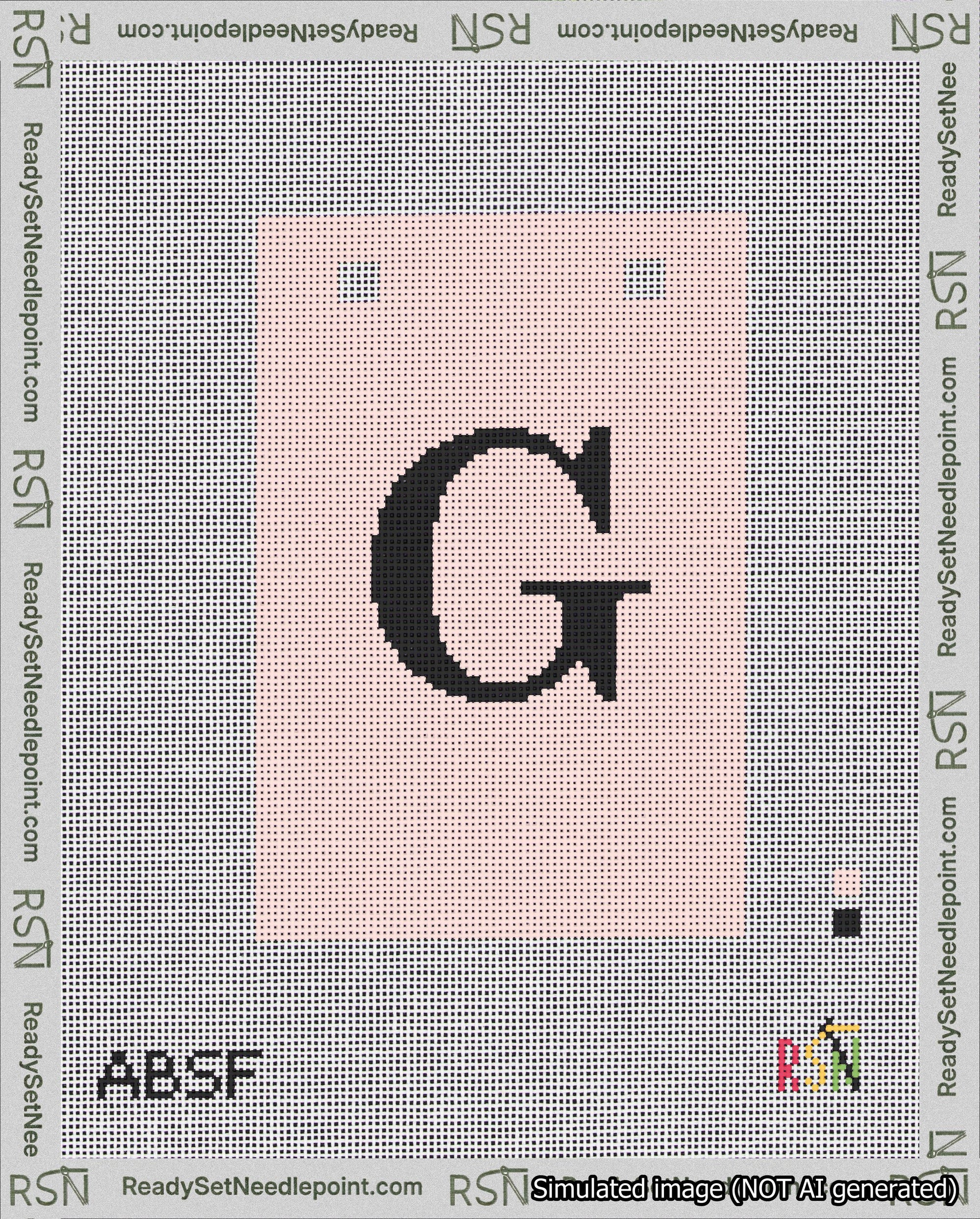 A taped needlepoint canvas with the design: Banner 18 mesh count Squared G Black on Pink.