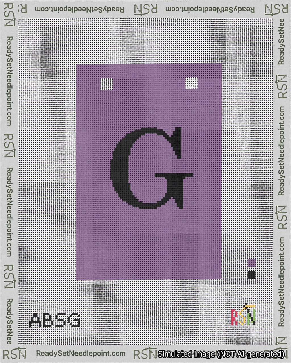 A taped needlepoint canvas with the design: Banner 18 mesh count Squared G Black on Purple.