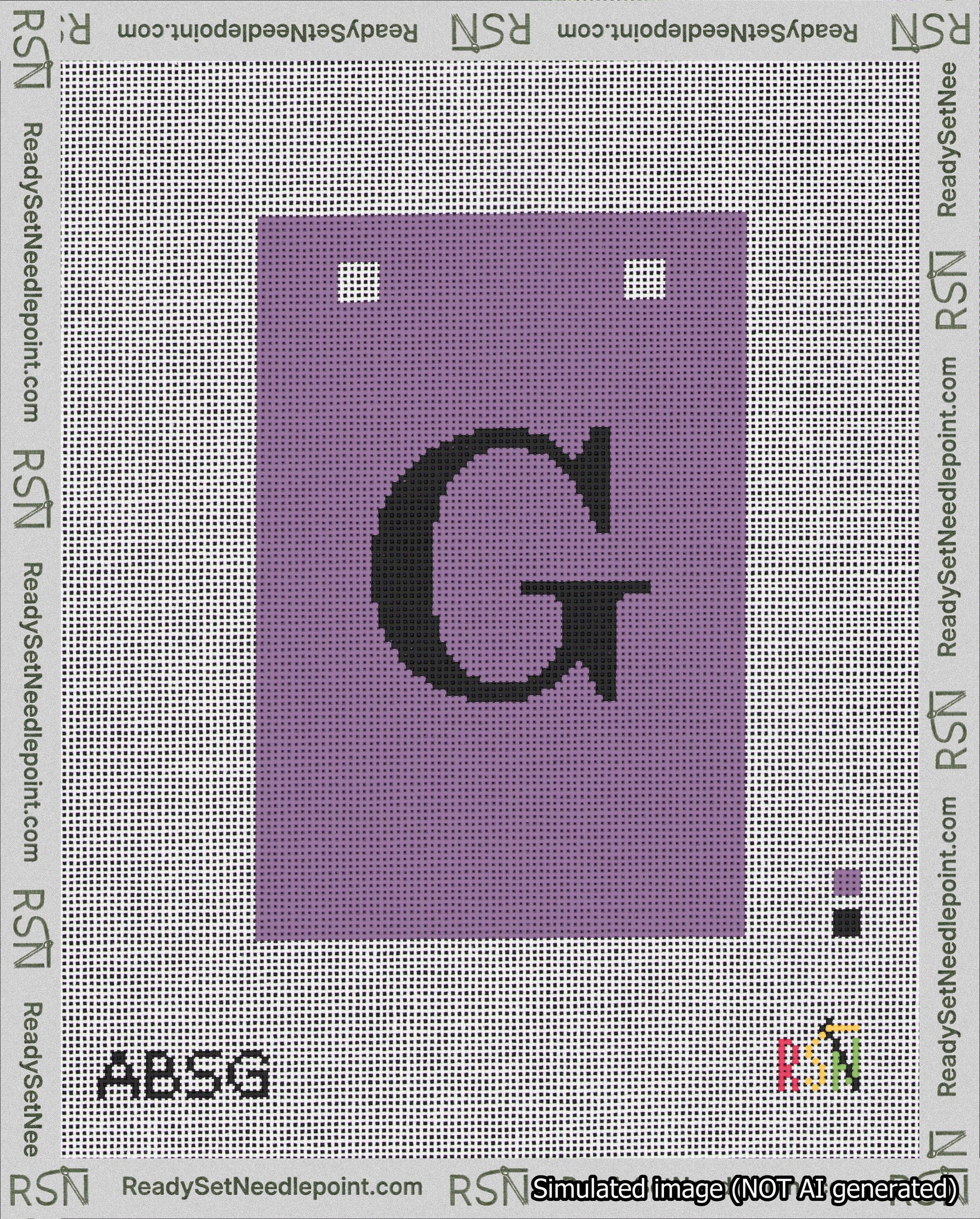 A taped needlepoint canvas with the design: Banner 18 mesh count Squared G Black on Purple.